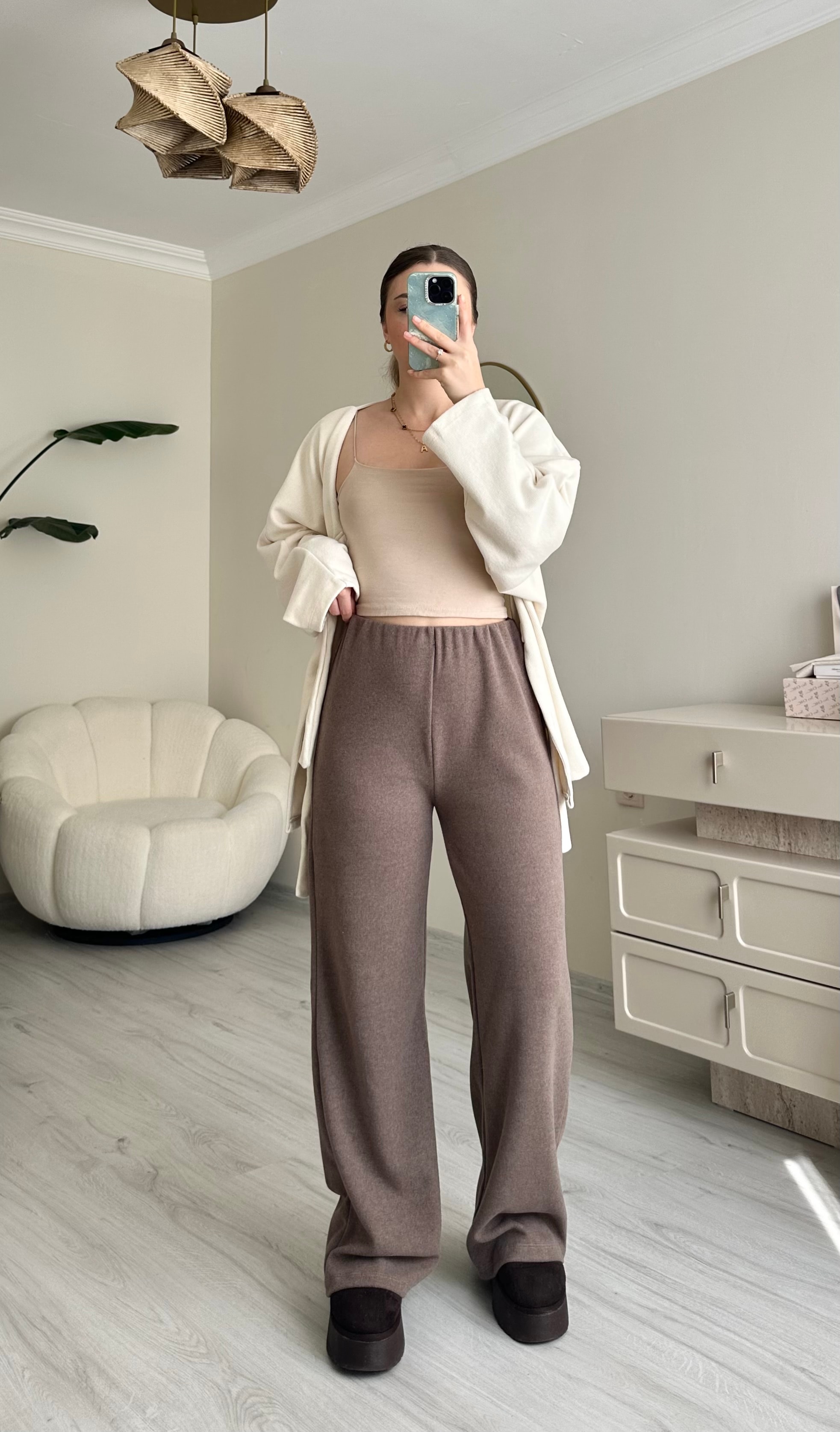 Selanik Kumaş Palazzo Beli Lastikli Pantolon - Kahverengi