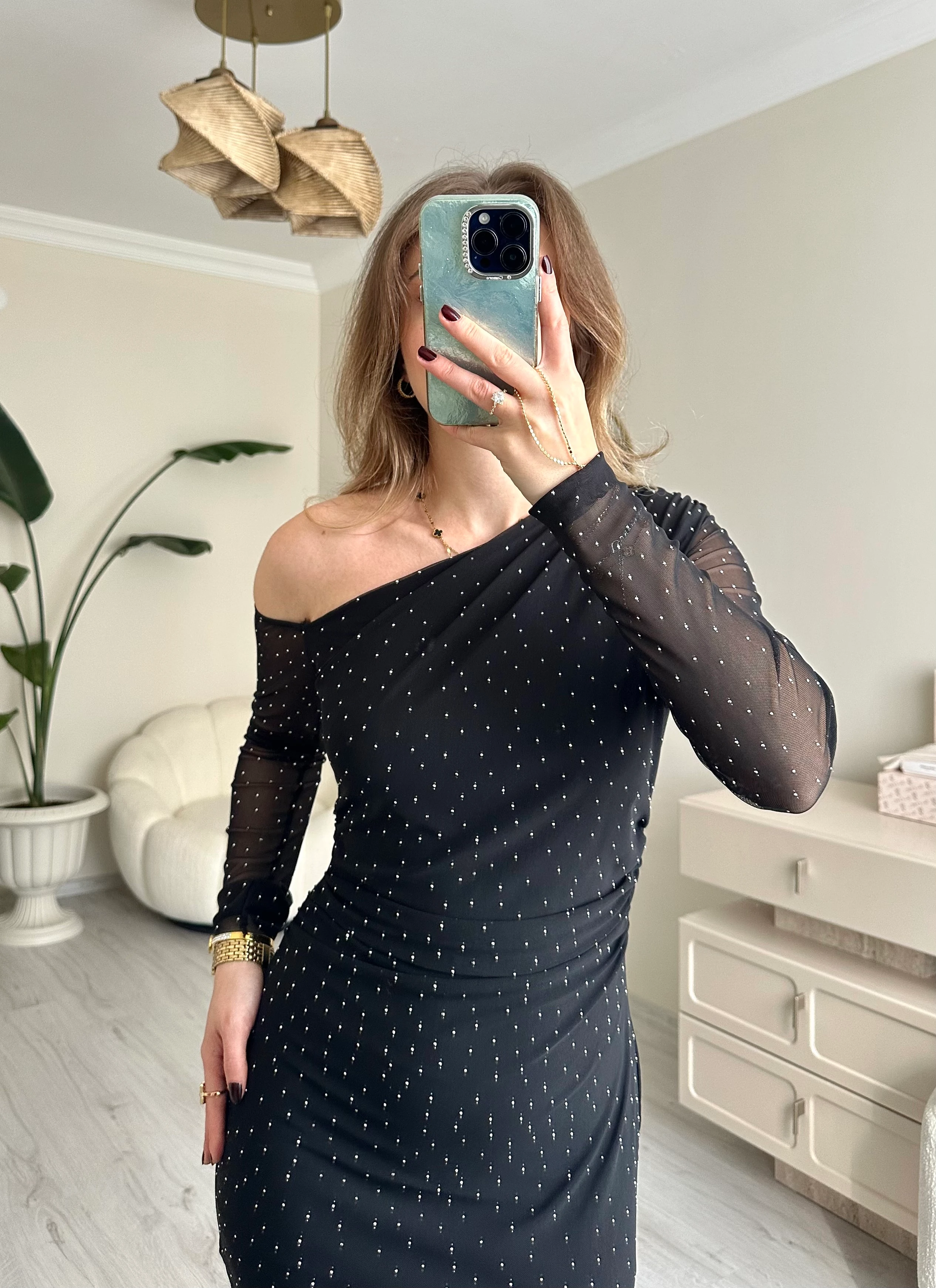 Taşlı Omuz Detay Tüllü Elbise