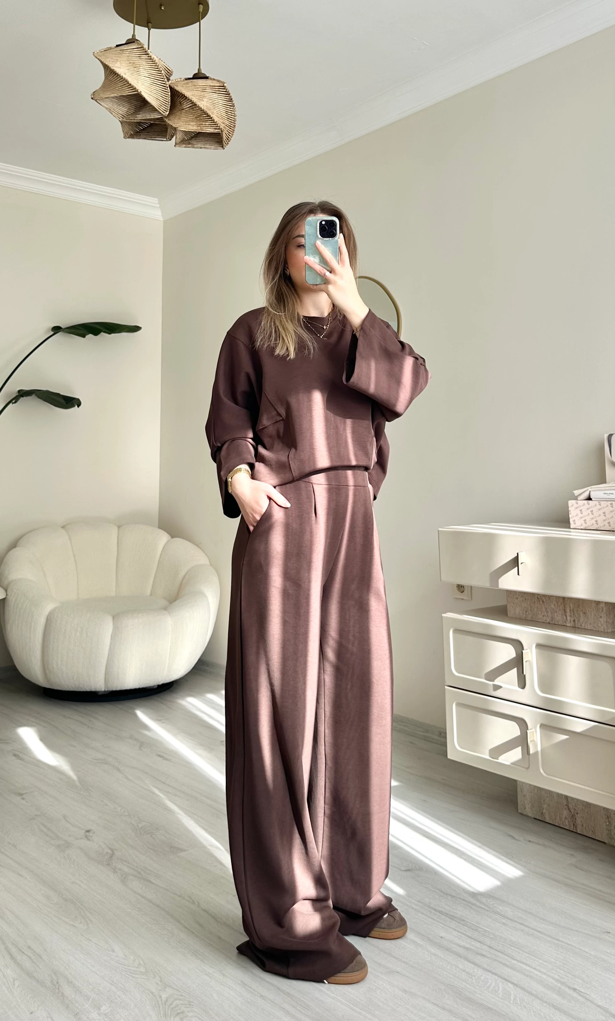 Yarasa Kol Detay Acı Kahve Oversize Takım