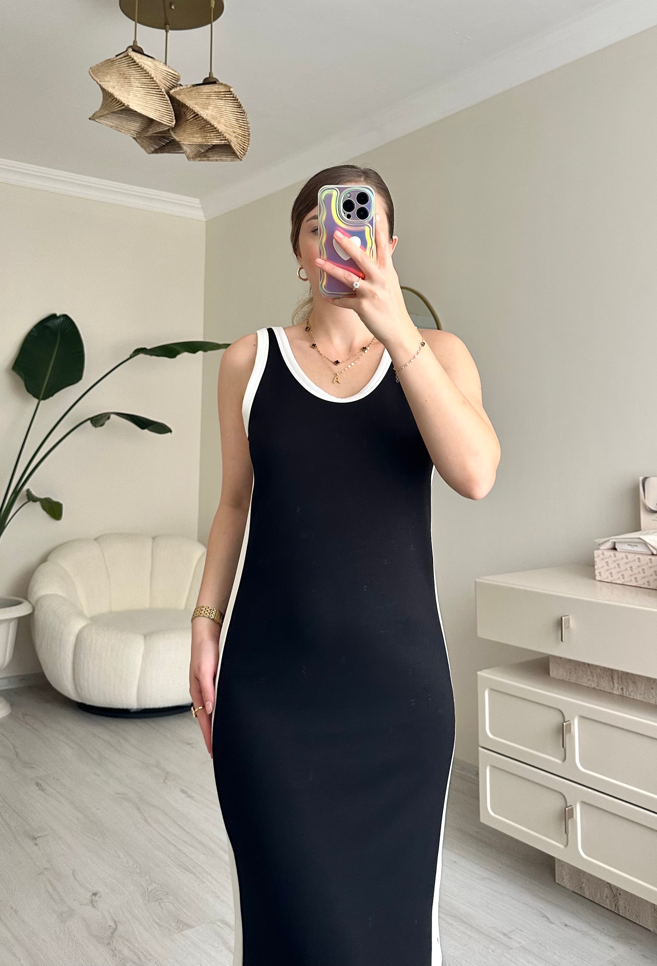 Çizgi Detay Modal Likralı Midi Boy Elbise
