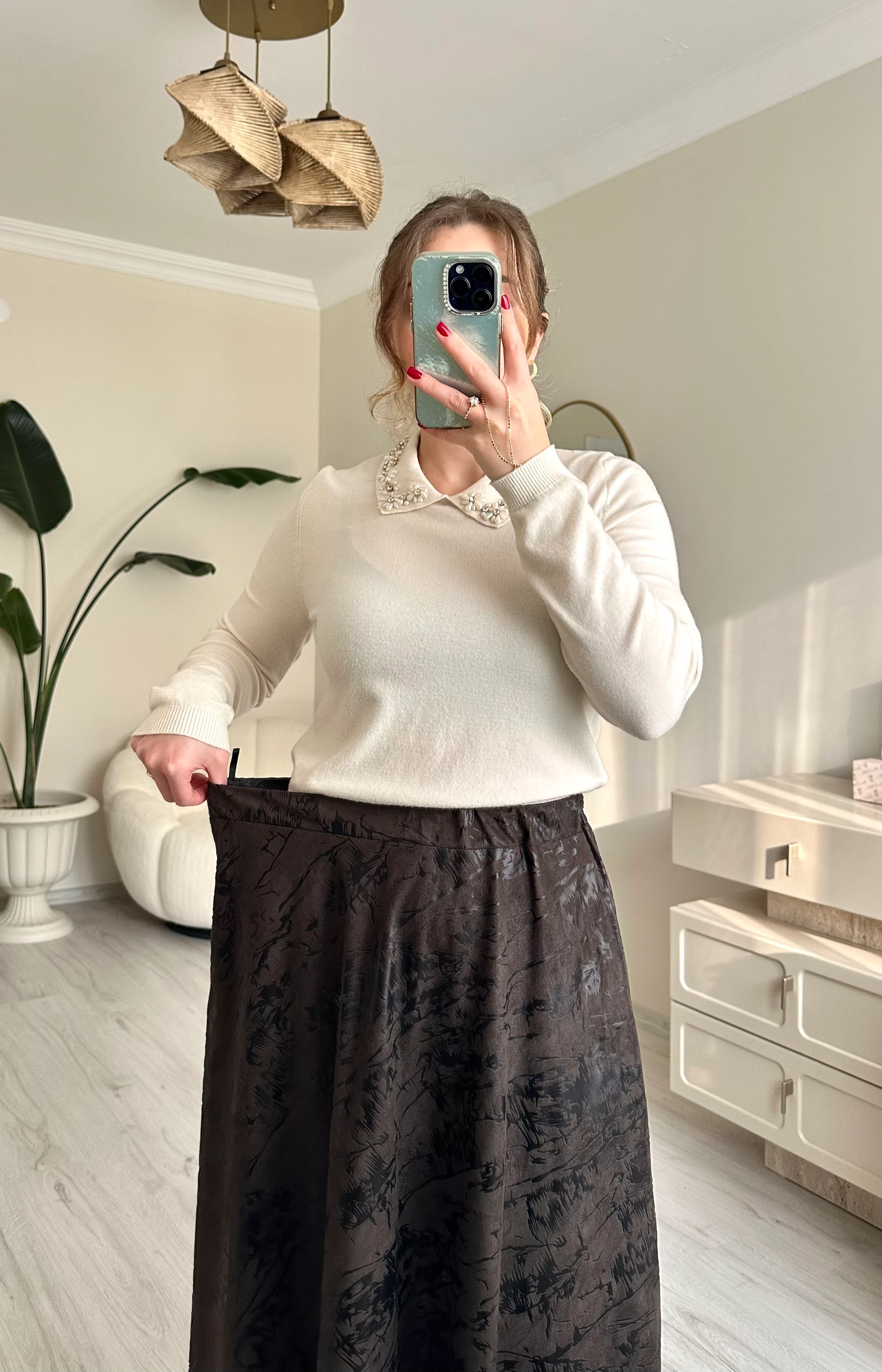 Jakarlı Beli Lastikli Desenli Kloş Etek