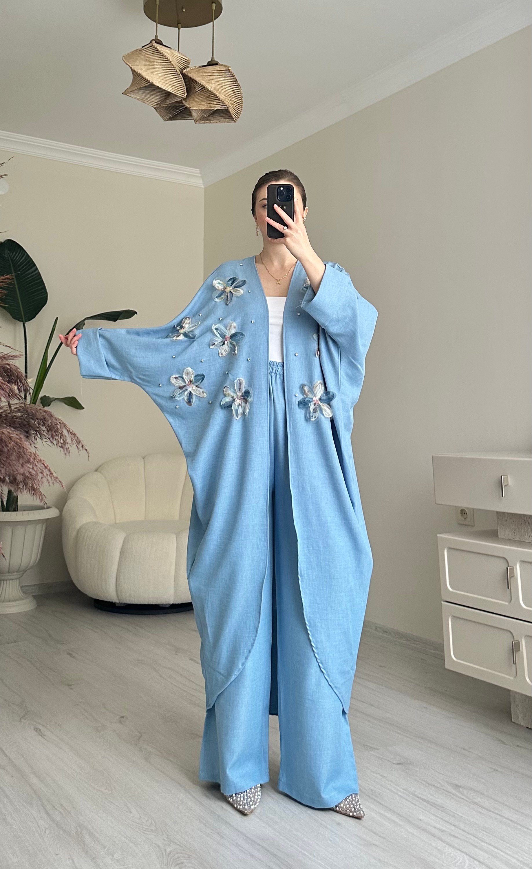 Çiçek Motif Detay Uzun Kimono Takım - Bebek Mavisi