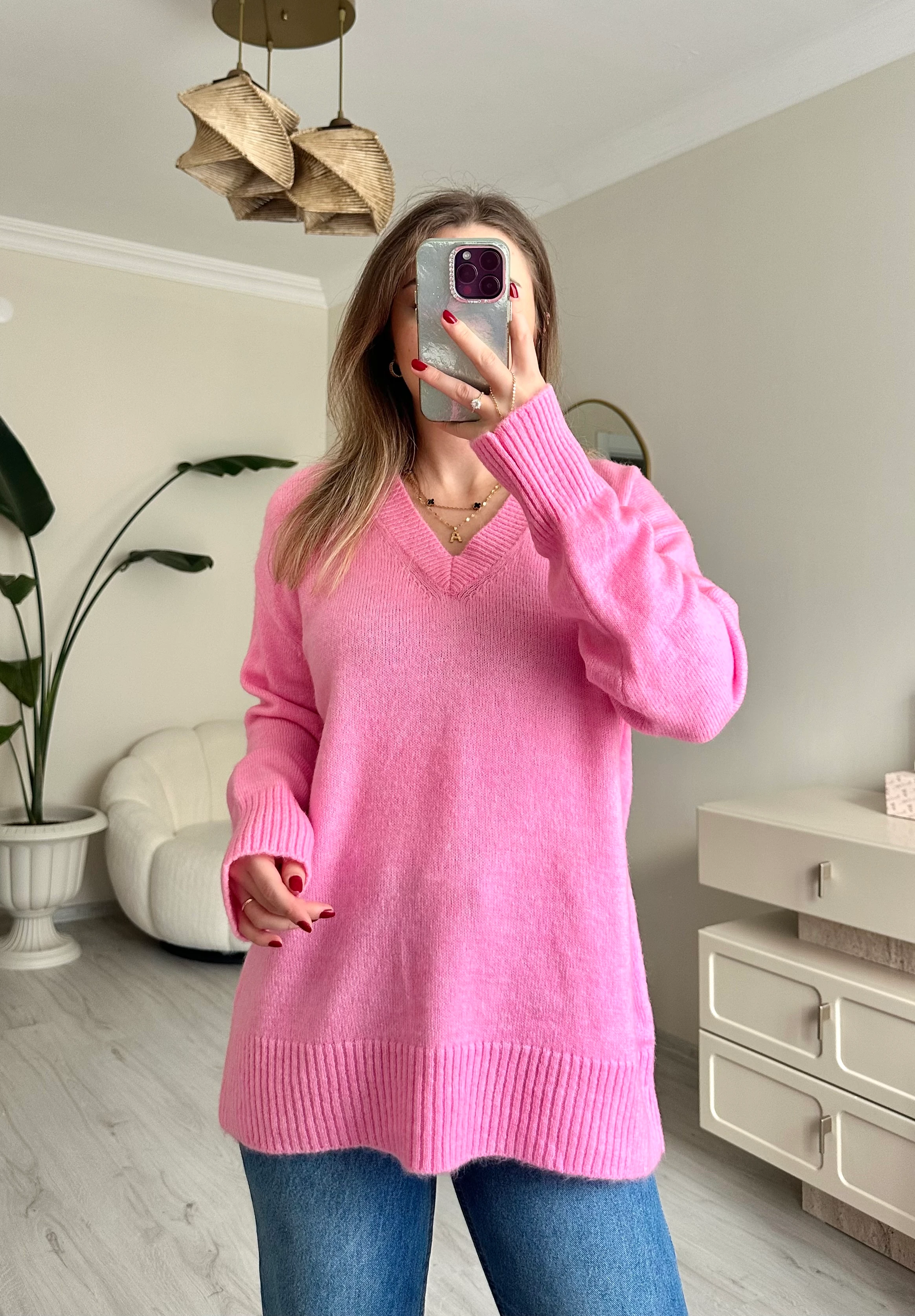 V Yaka Oversize Kazak - Şeker Pembe