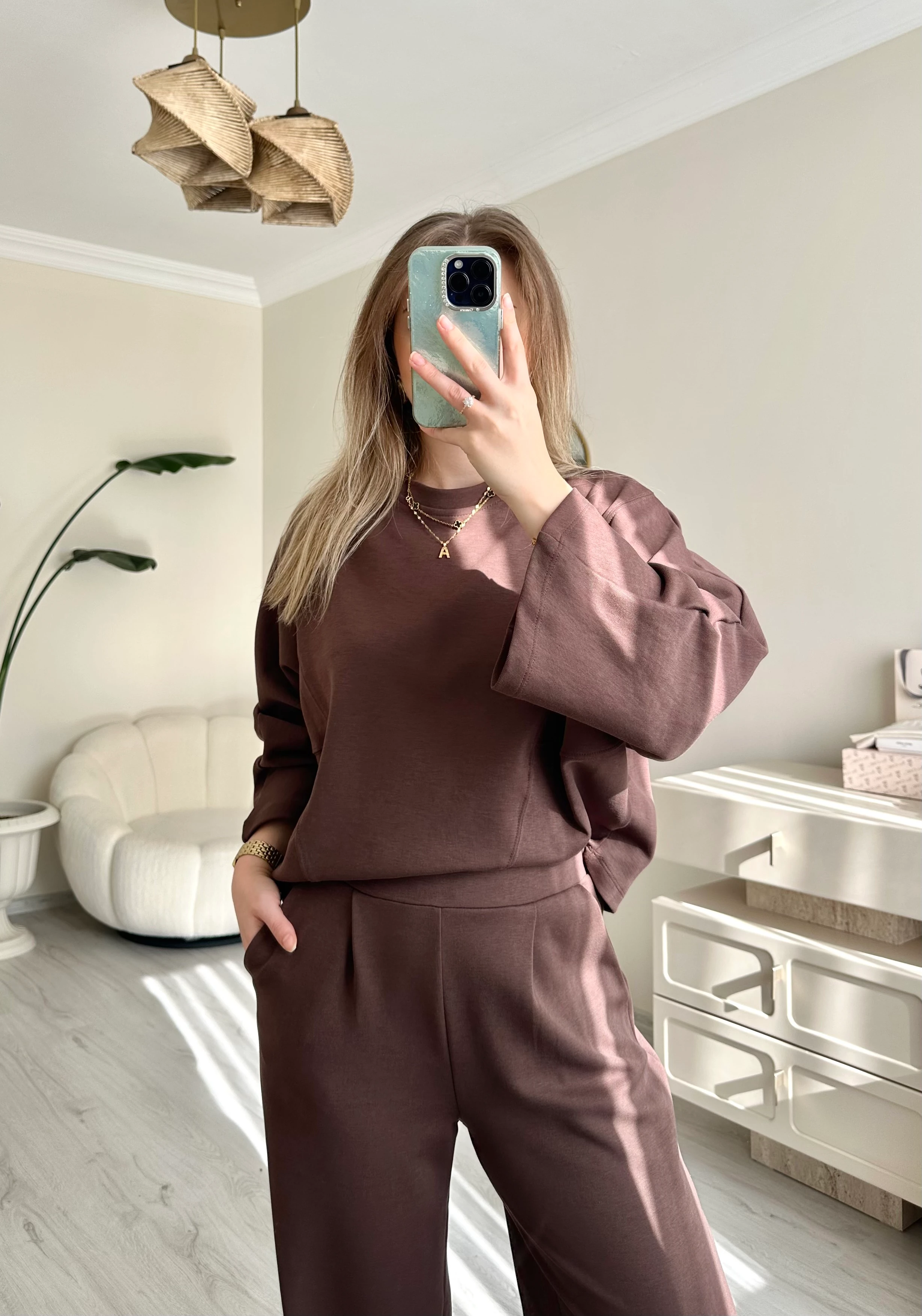 Yarasa Kol Detay Acı Kahve Oversize Takım