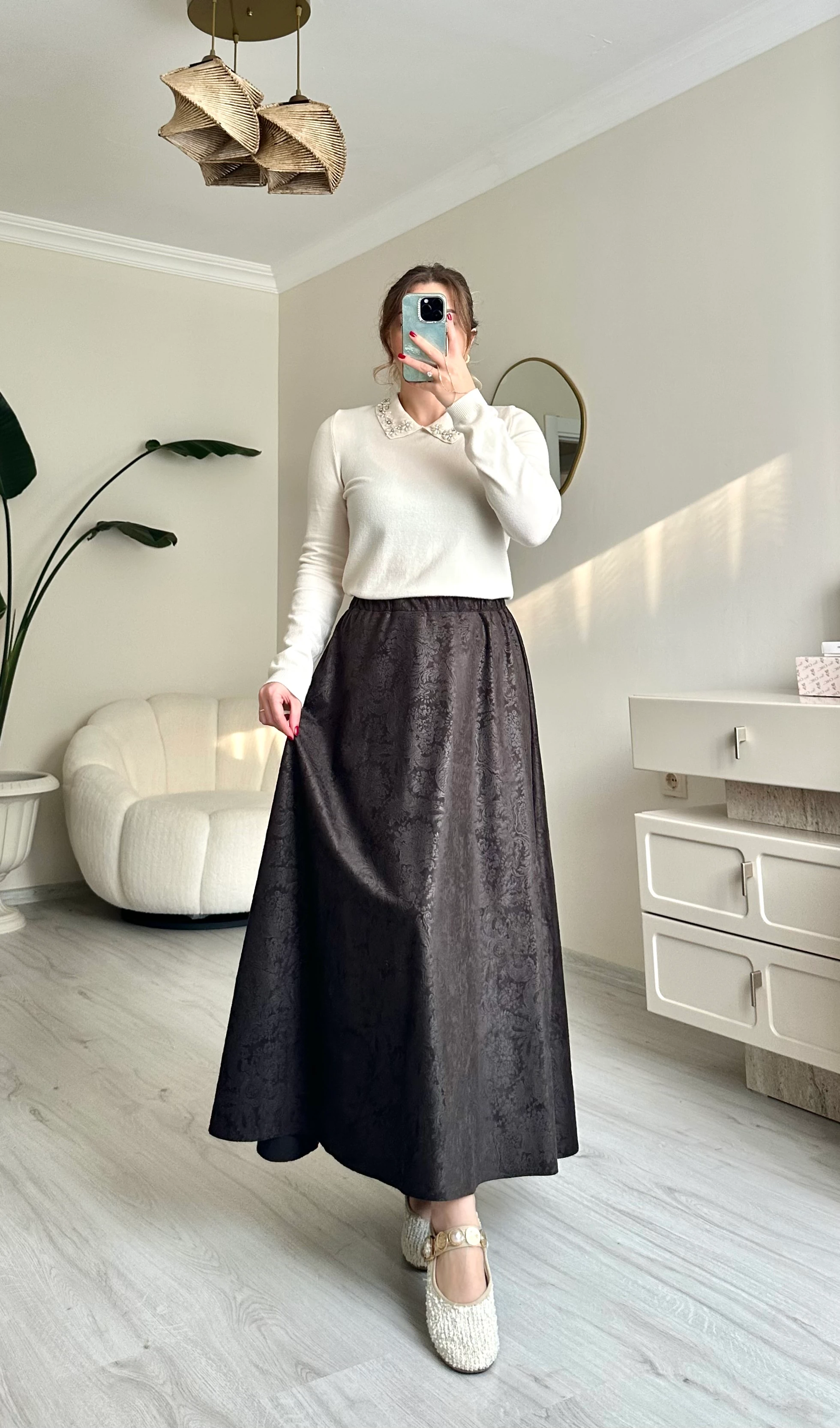 Jakarlı Beli Lastikli Desenli Kloş Etek - Koyu Kahve