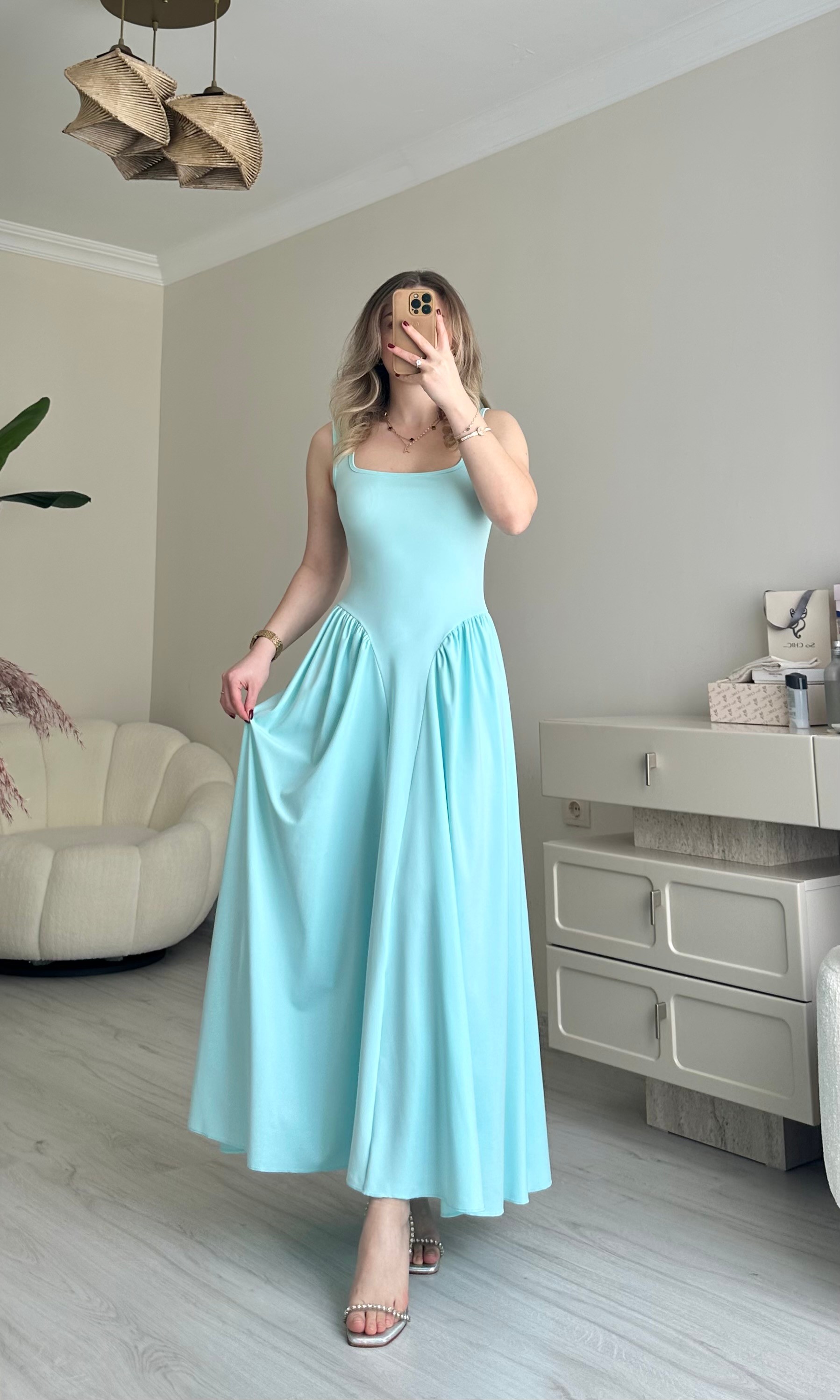Vintage Kare Yaka Bel Detay Kloş Elbise - Bebek Mavisi