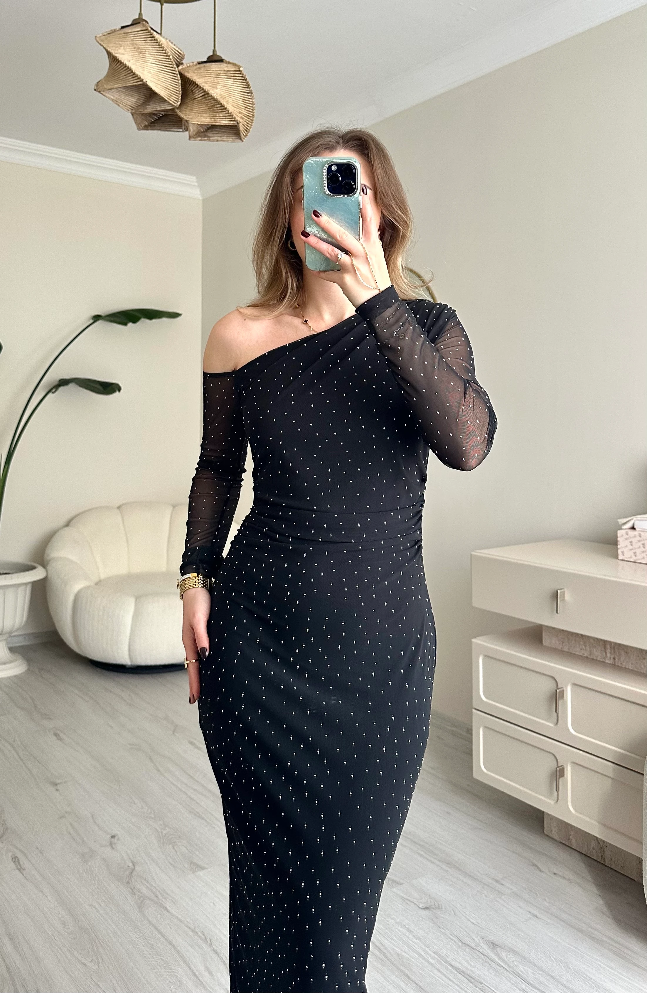 Taşlı Omuz Detay Tüllü Elbise