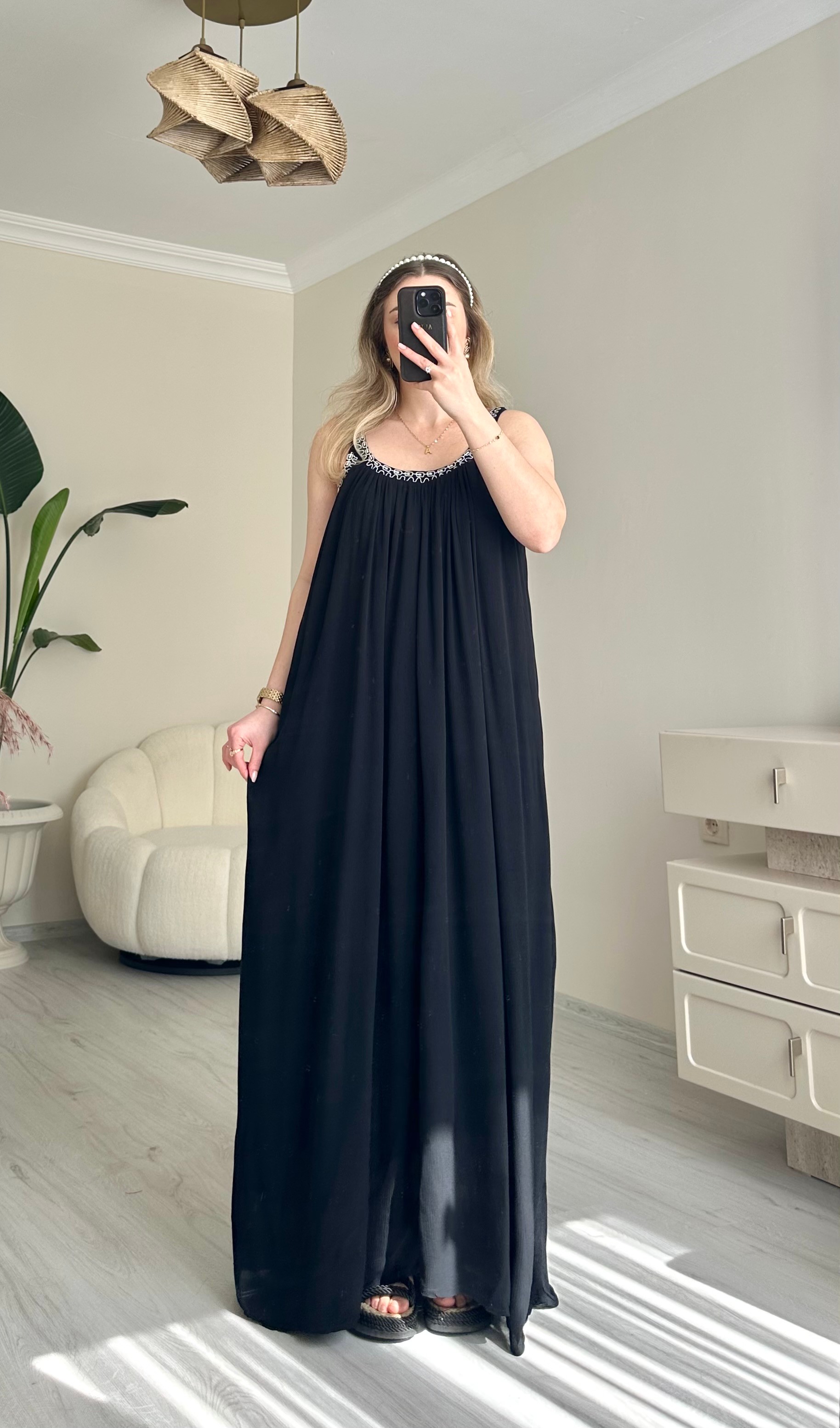 Premium Askılı Salaş Maxi Boy Elbise - Siyah