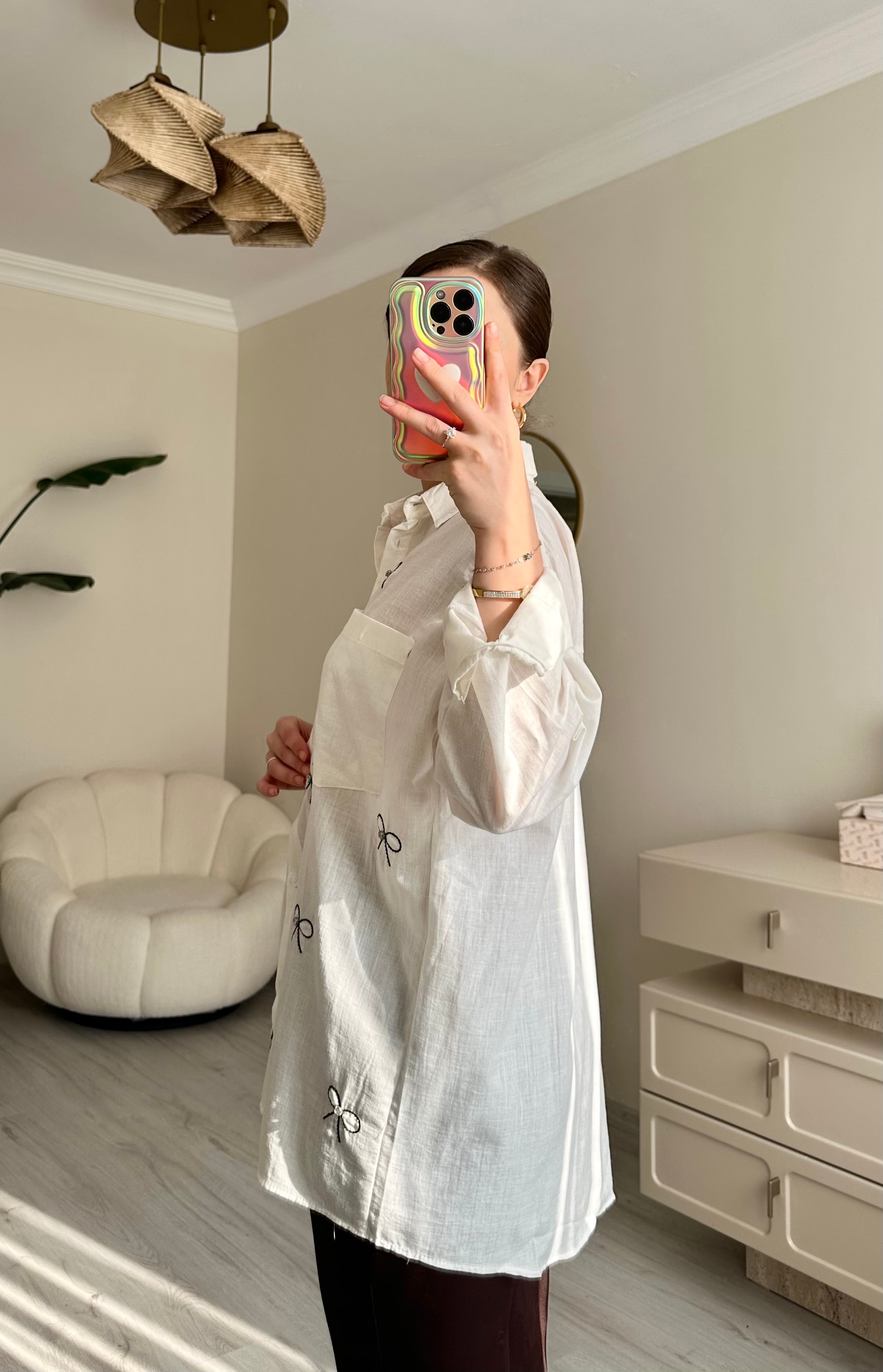 Fiyonk Taş Detay Oversize Gömlek