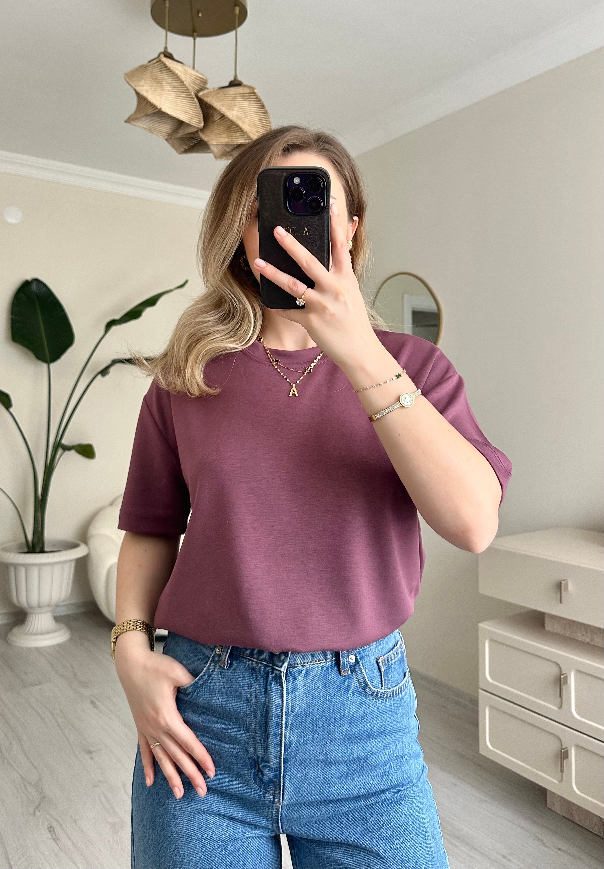 Modal Kumaş Soft Oversize Tişört - Vişne Çürüğü