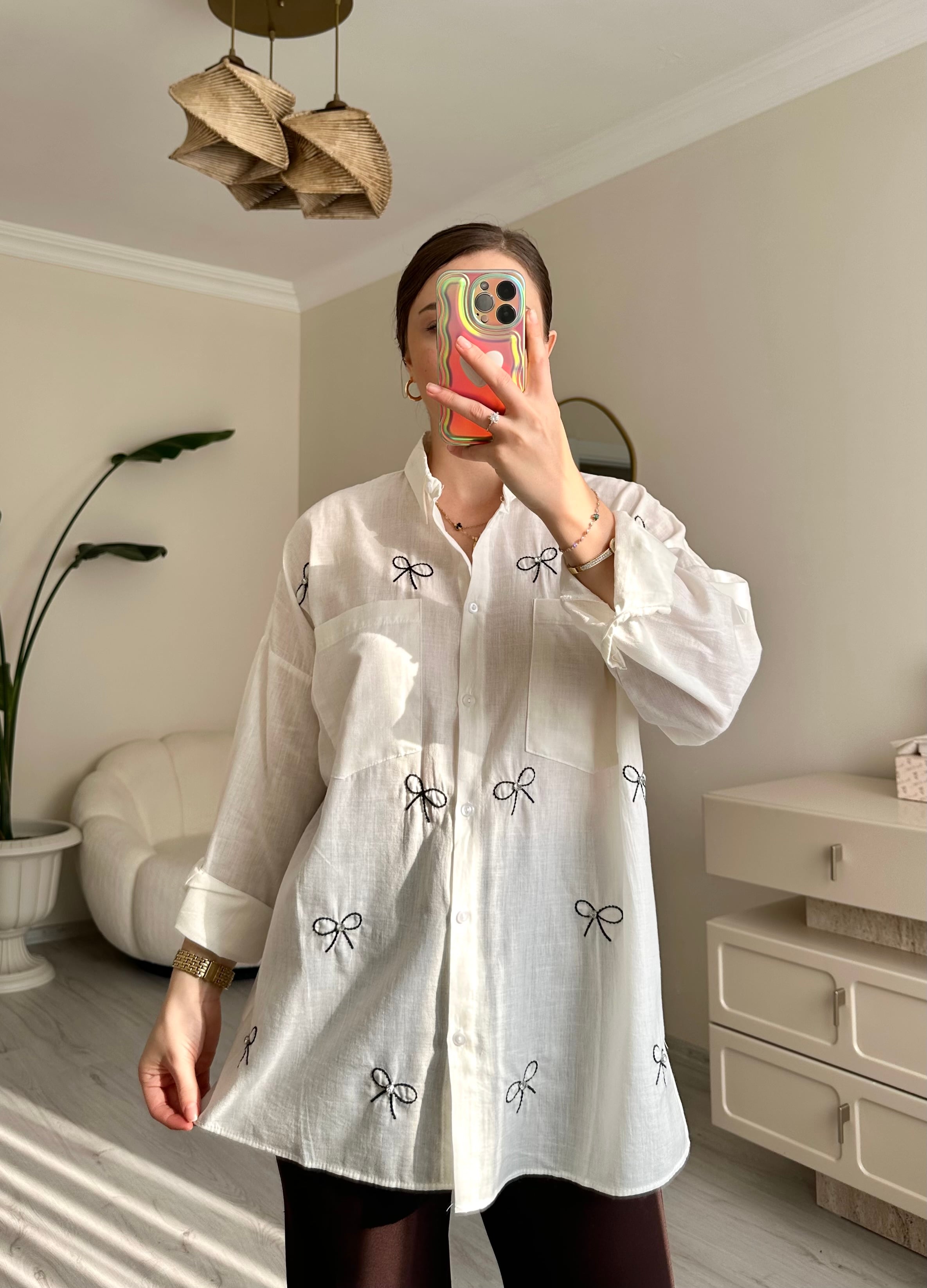 Fiyonk Taş Detay Oversize Gömlek