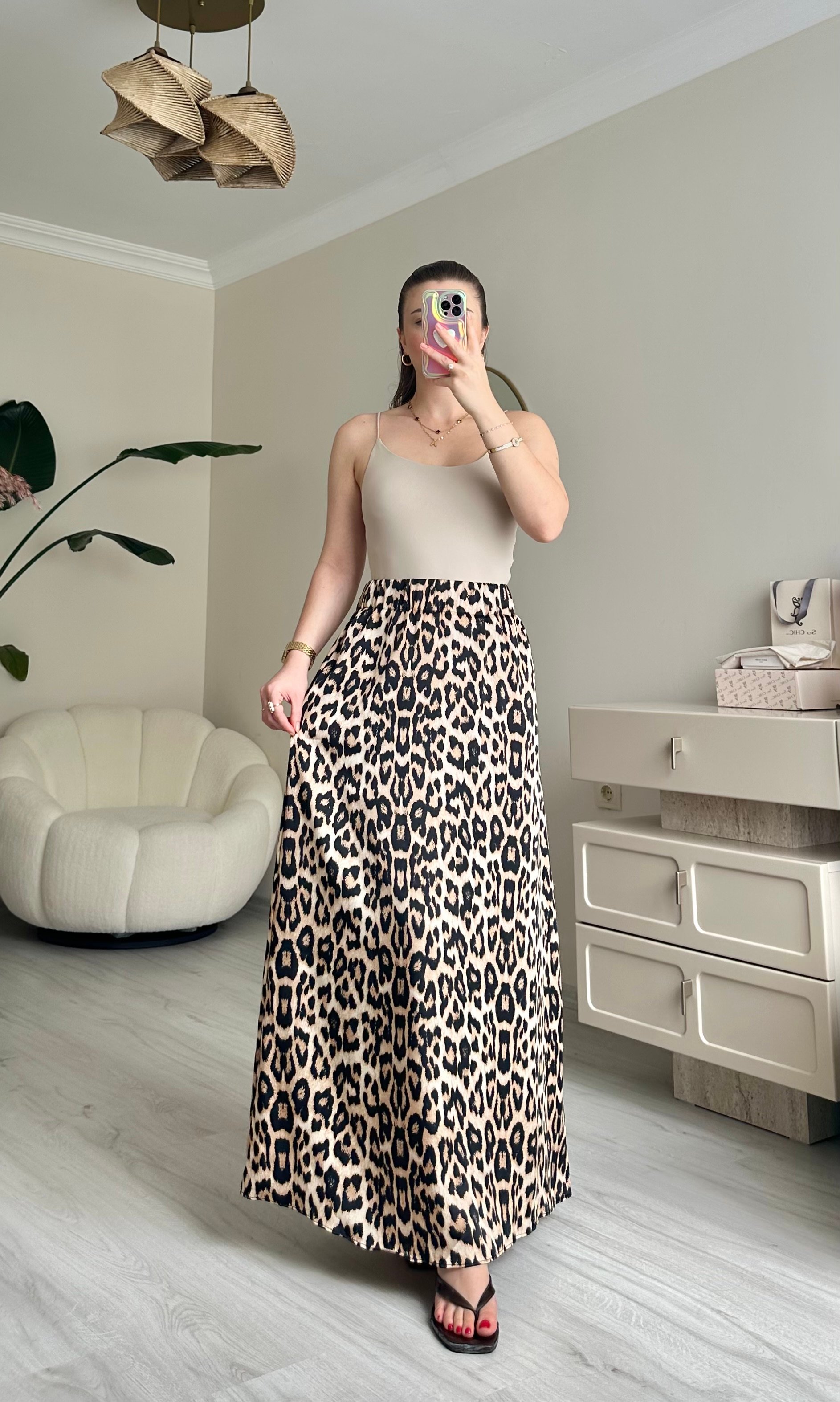 Saten Maxi Boy Beli Lastikli Etek - Büyük Leopar Desenli