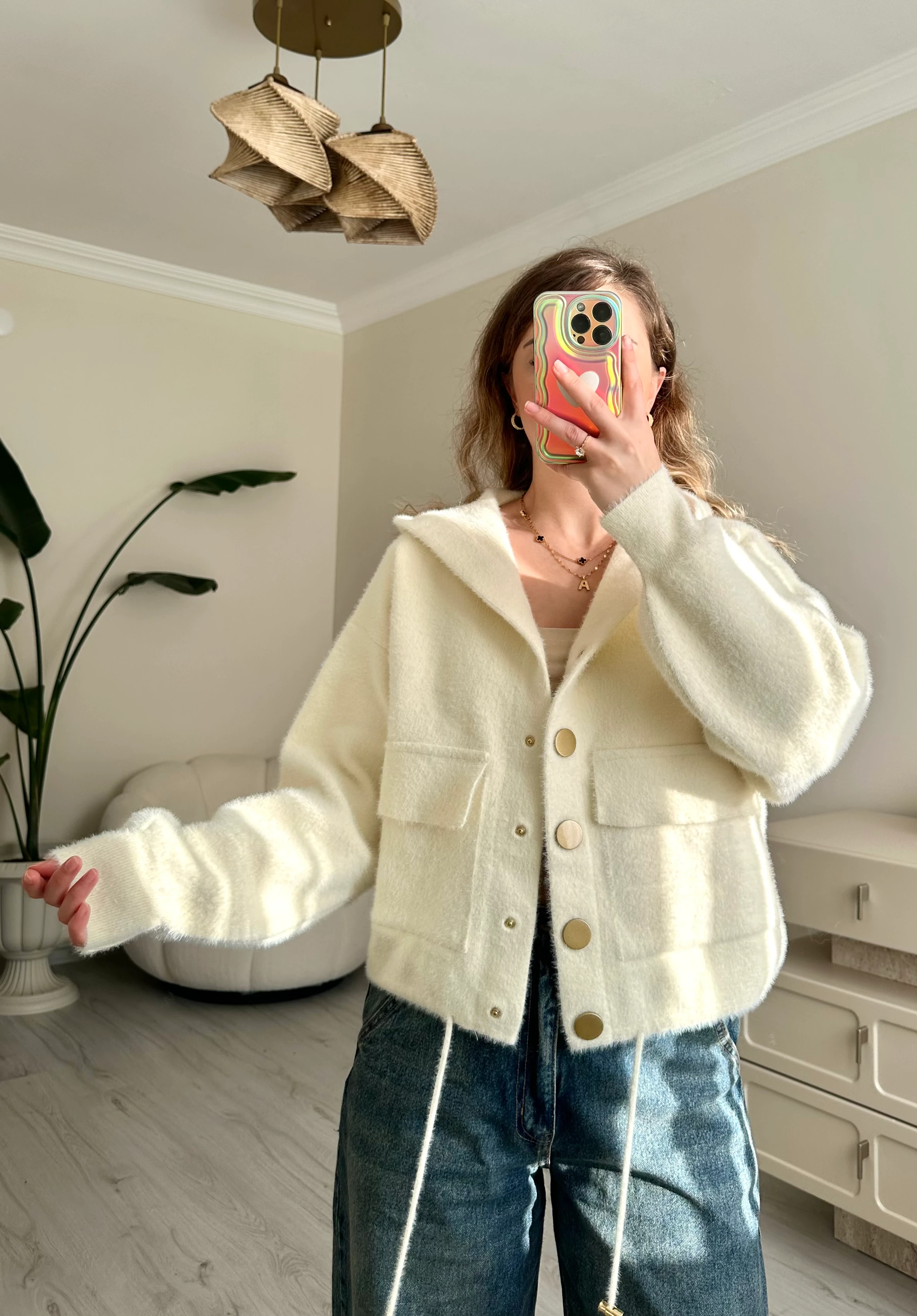 Premium Kapşonlu Gold Düğme Detay Sakallı Ceket - Ekru