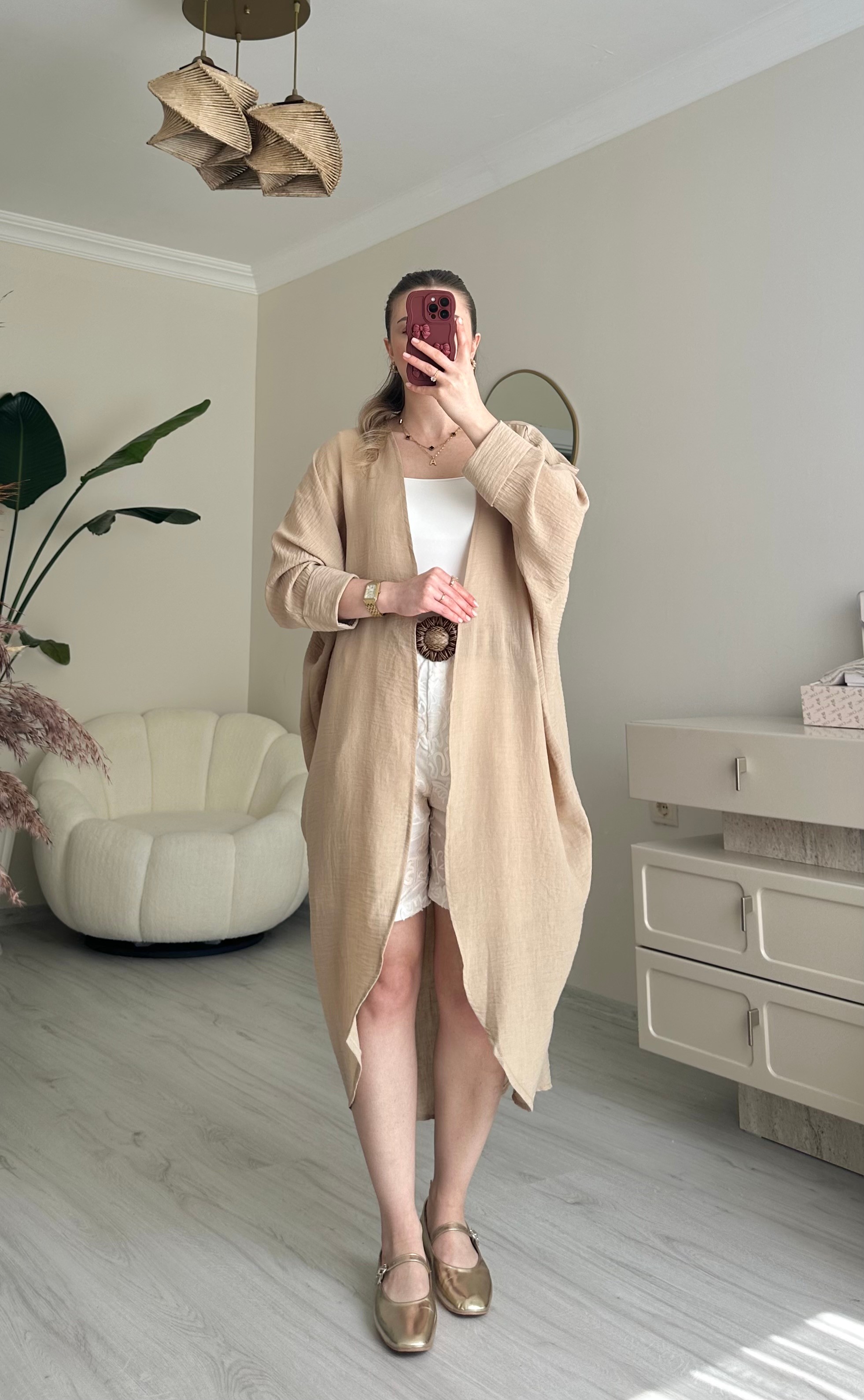 Keten Maxi Boy Oversize Kimono - Vizon