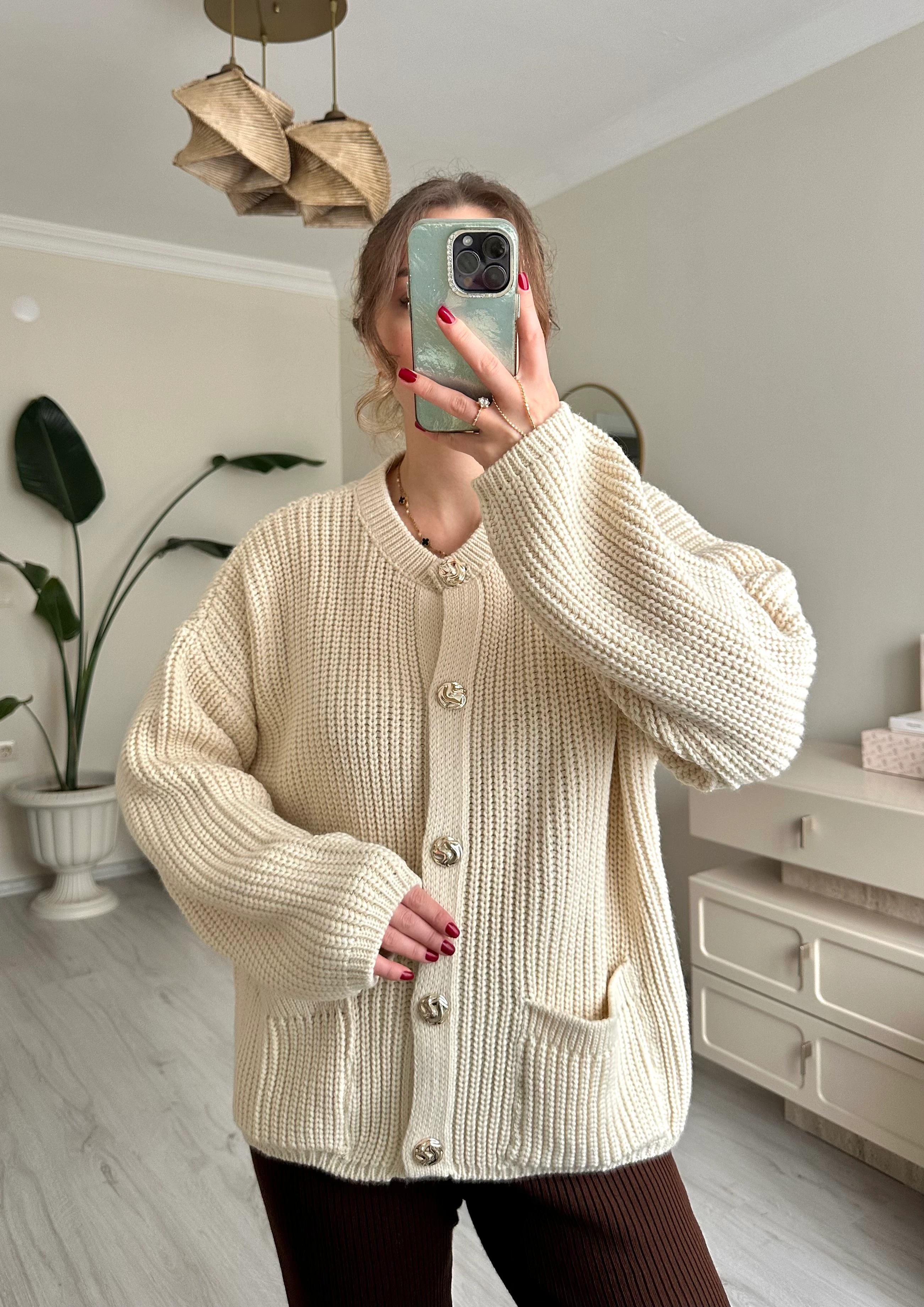 Örme Düğme Detay Oversize Hırka - Krem