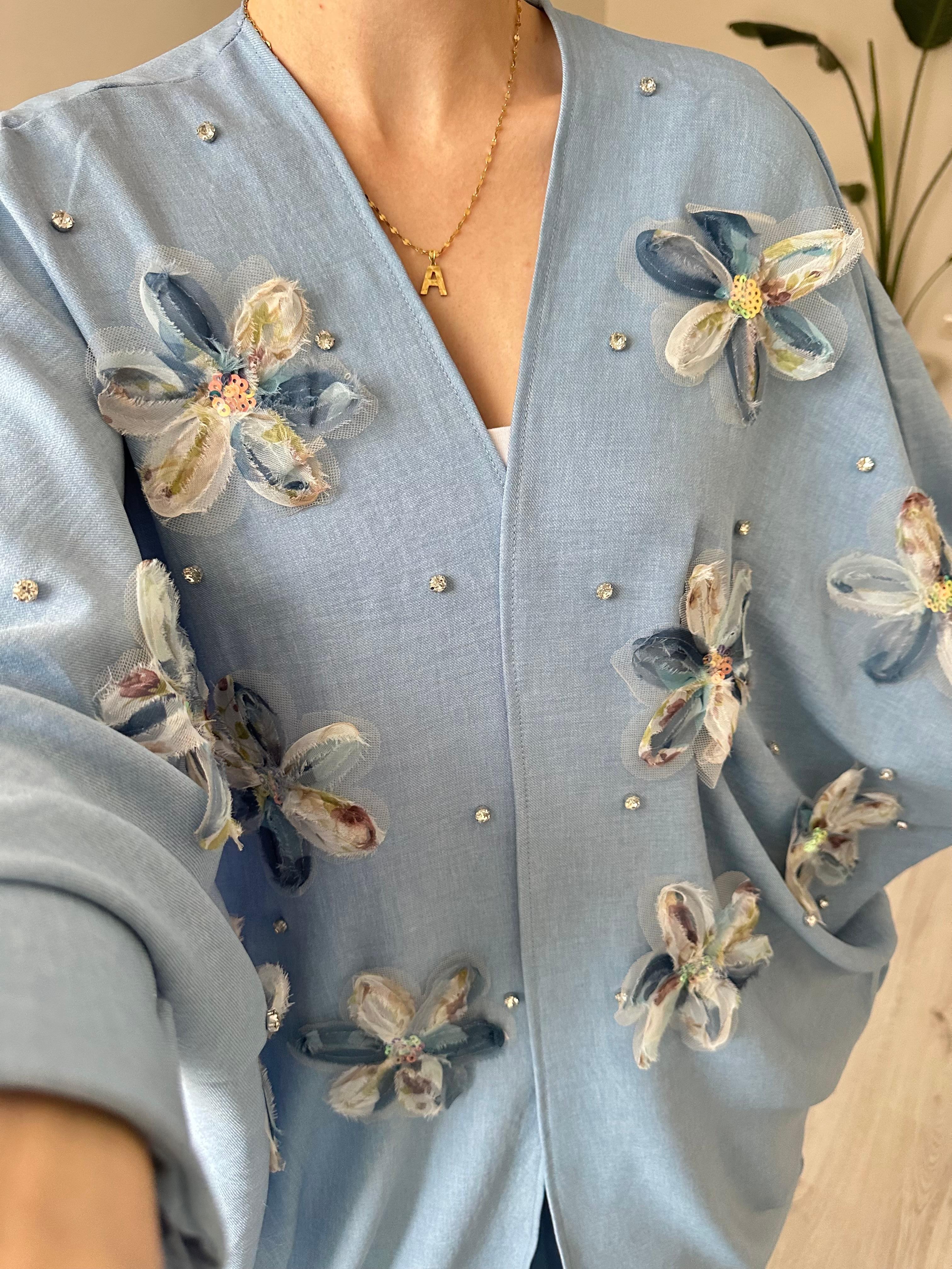 Çiçek Motif Detay Uzun Kimono Takım