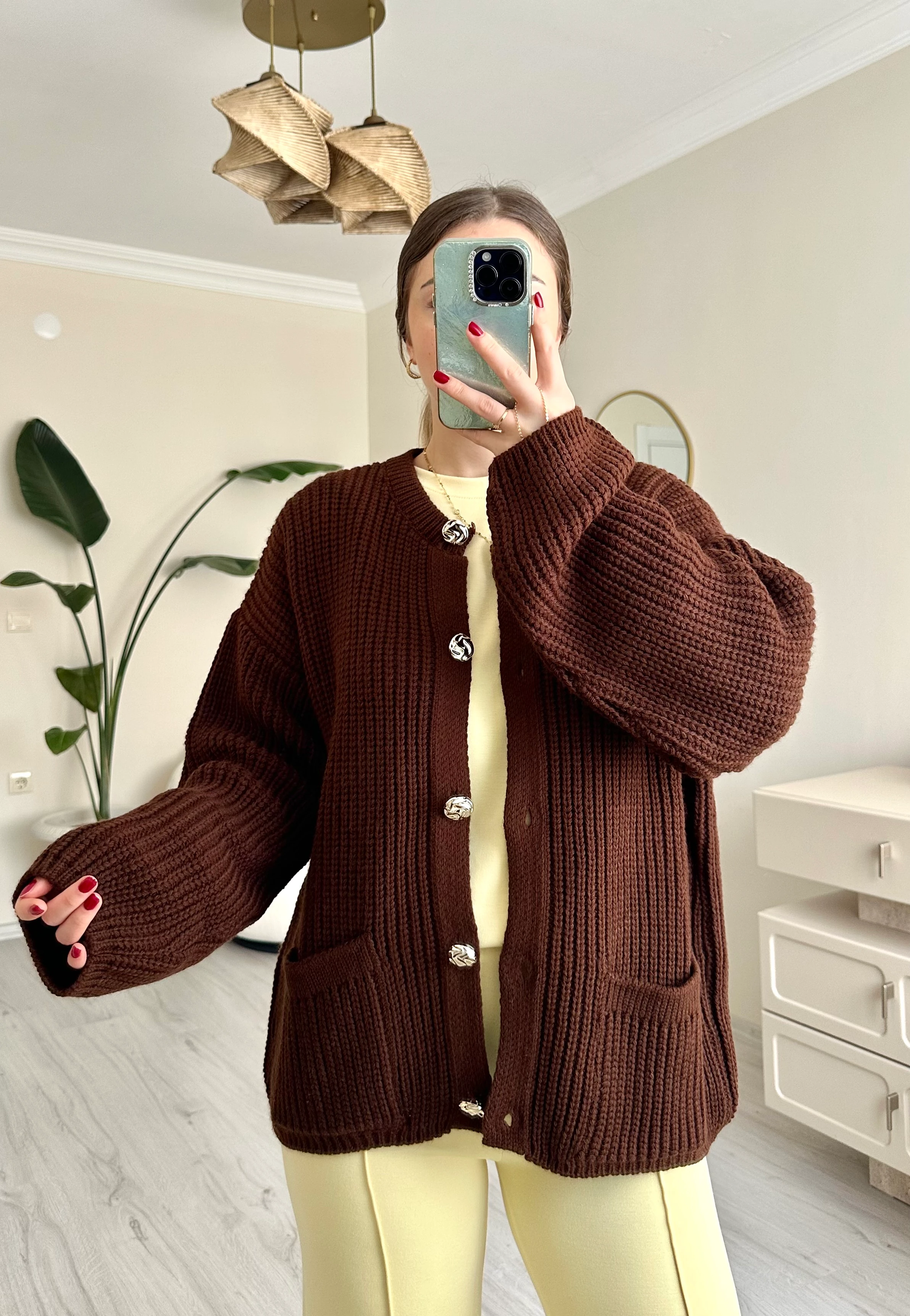 Örme Düğme Detay Oversize Hırka