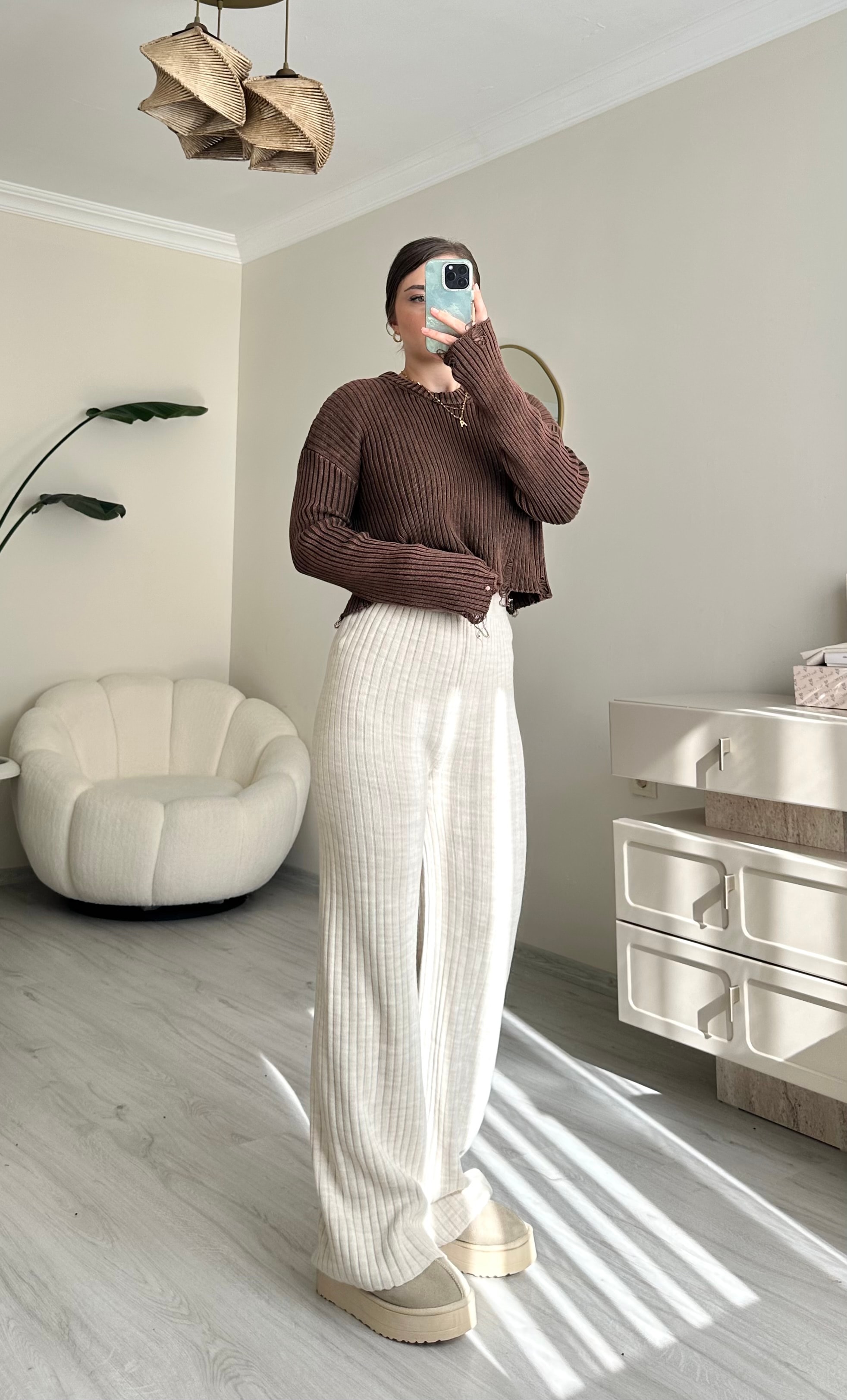 Fitilli Triko Likralı Krem Pantolon