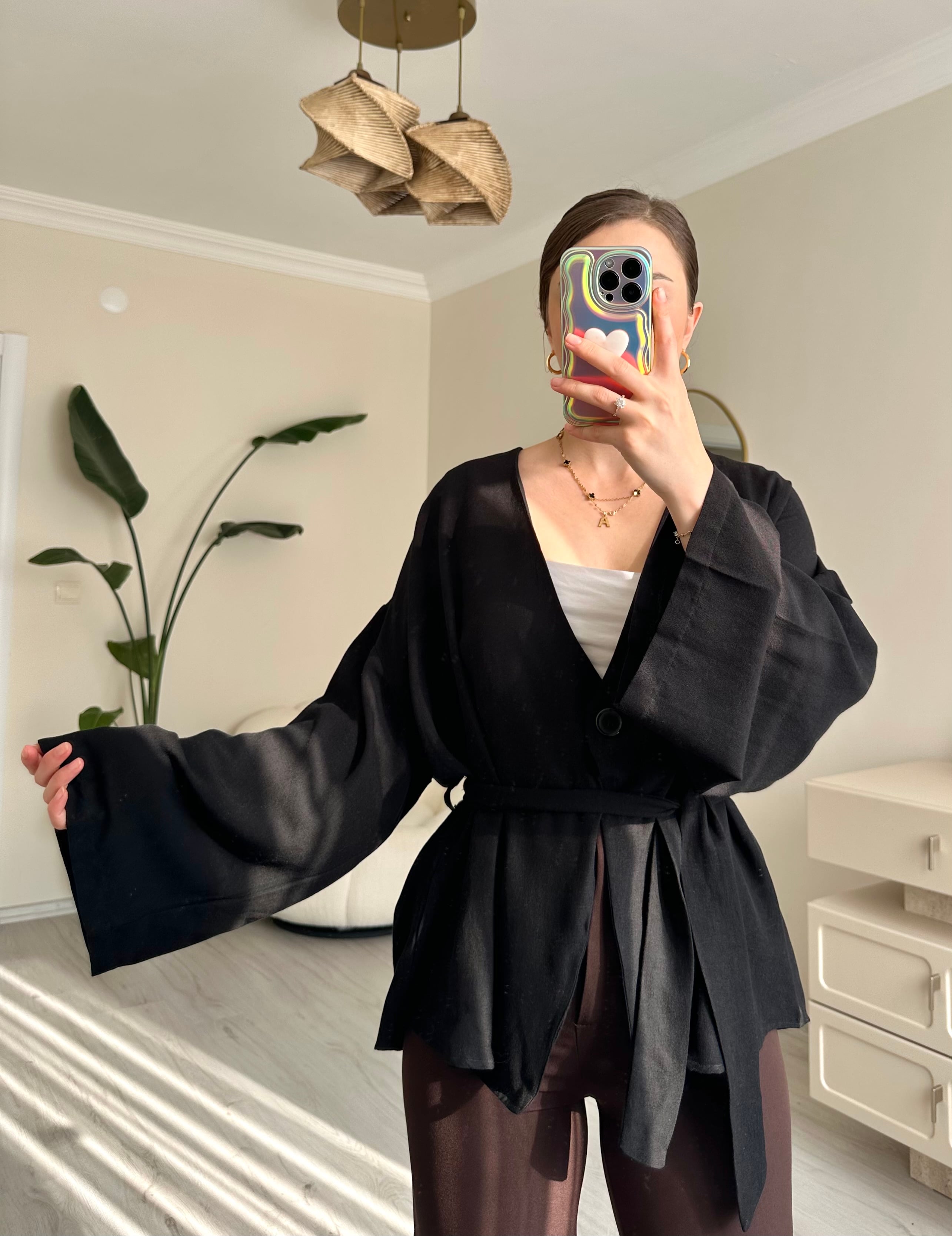 Kuşaklı Keten Oversize Ceket - Siyah