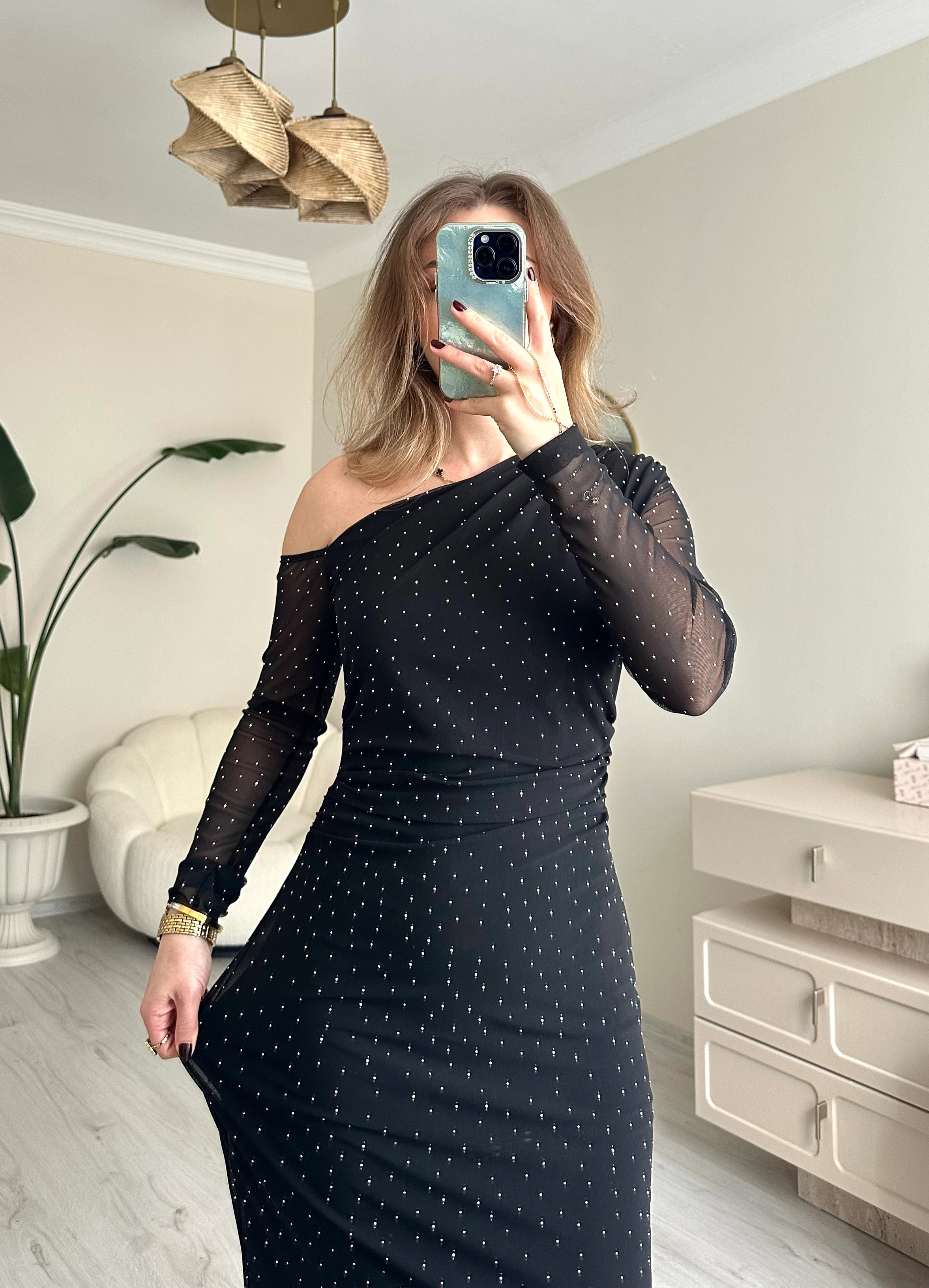 Taşlı Omuz Detay Tüllü Elbise