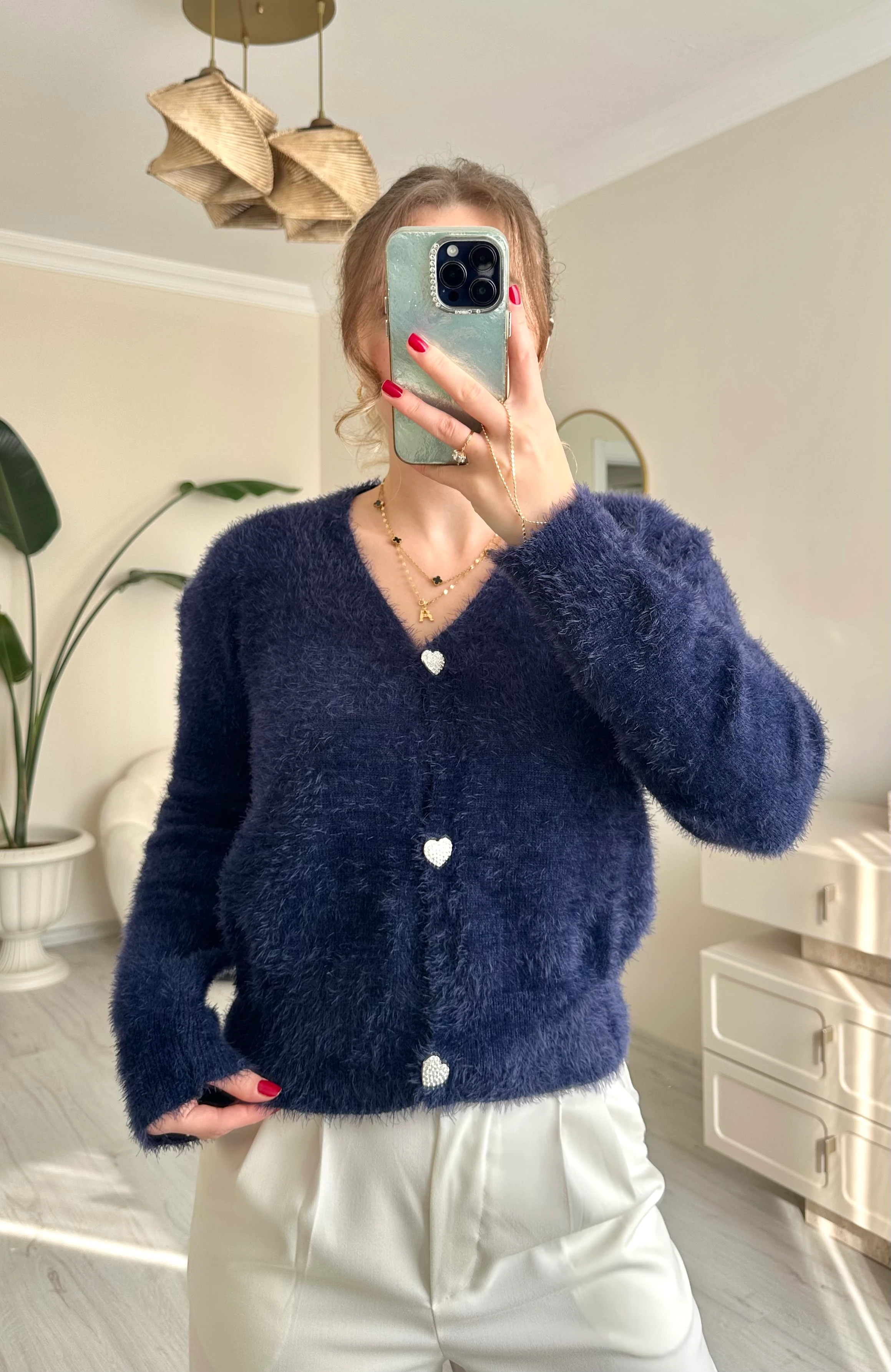 Kalp Taşlı Düğme Detay Sakallı Hırka - Lacivert