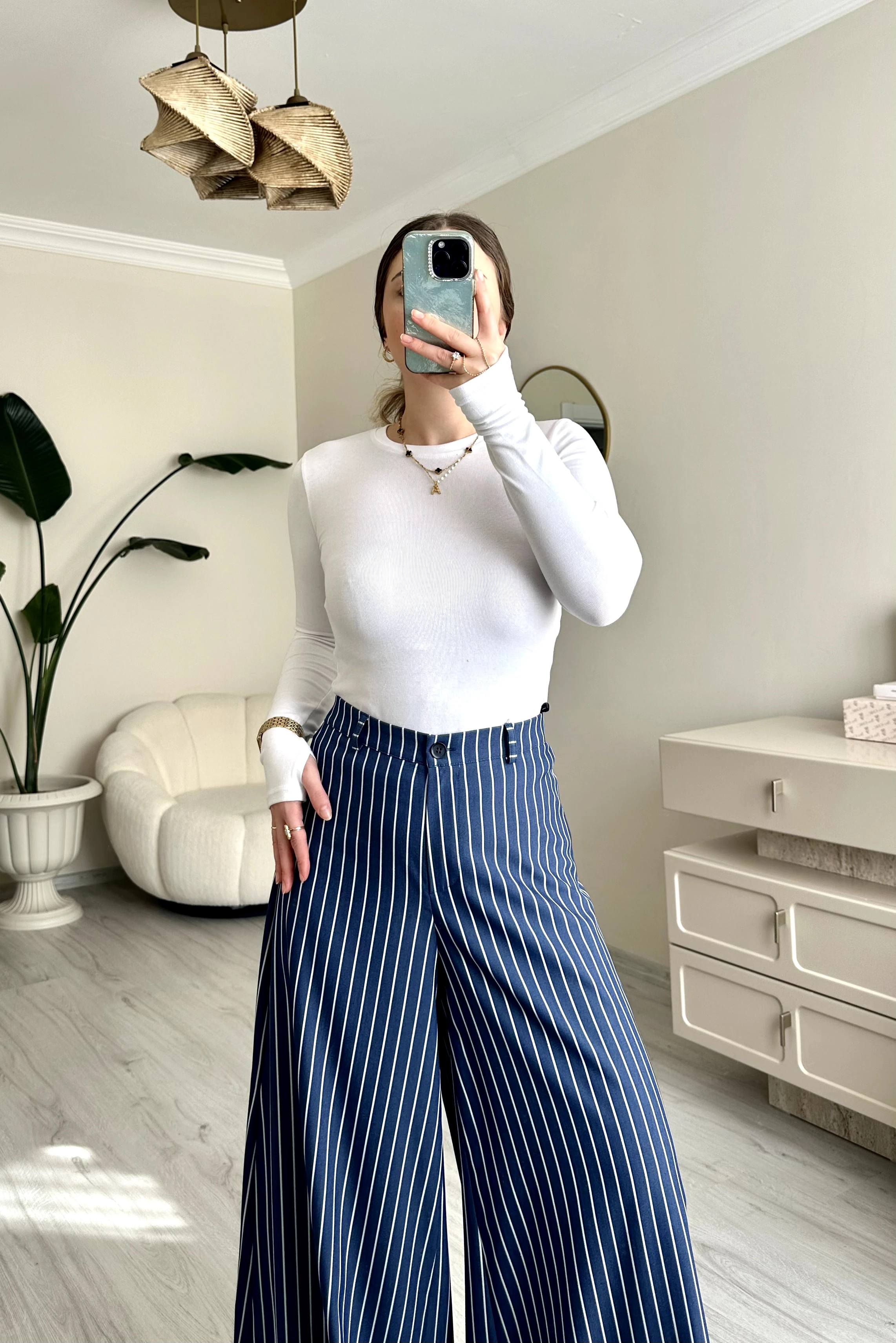 Premium Çizgili Sim Detay Maxi Paça Etekli Pantolon