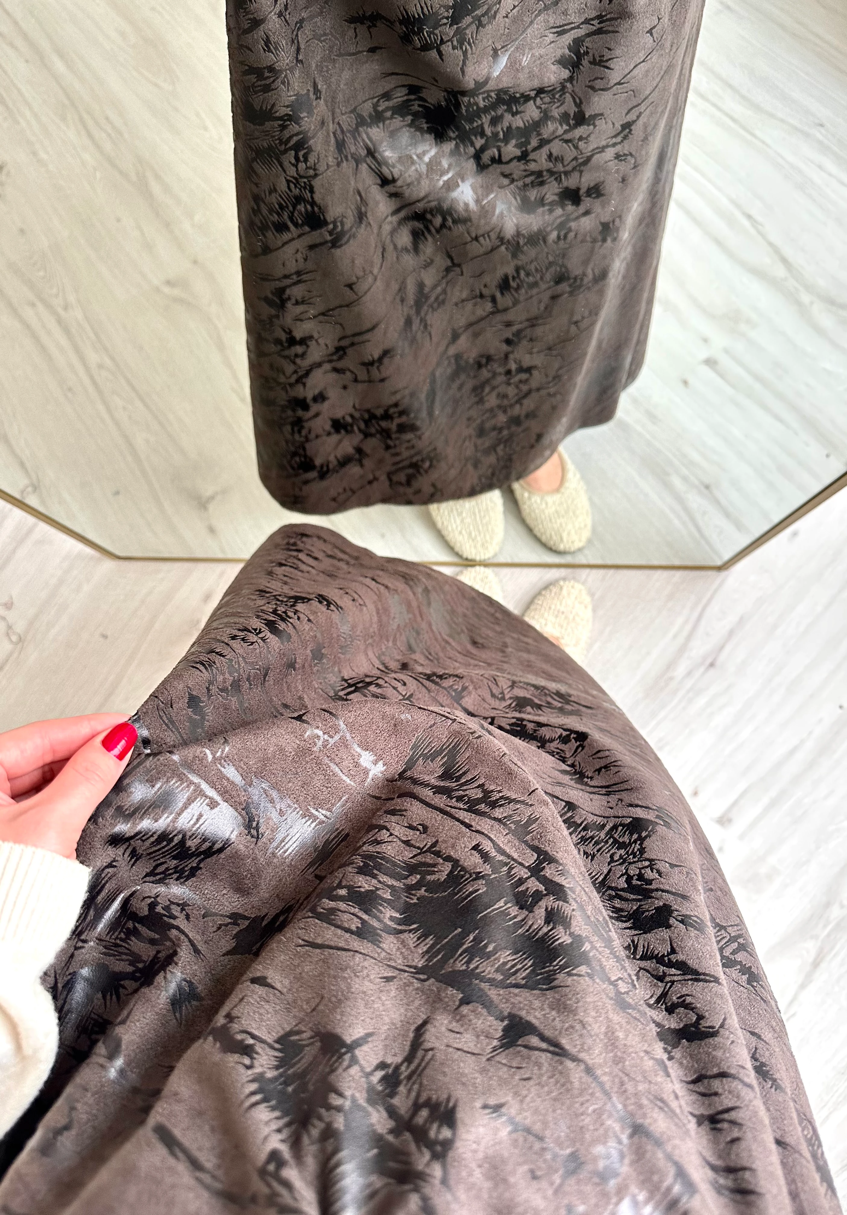 Jakarlı Beli Lastikli Desenli Kloş Etek