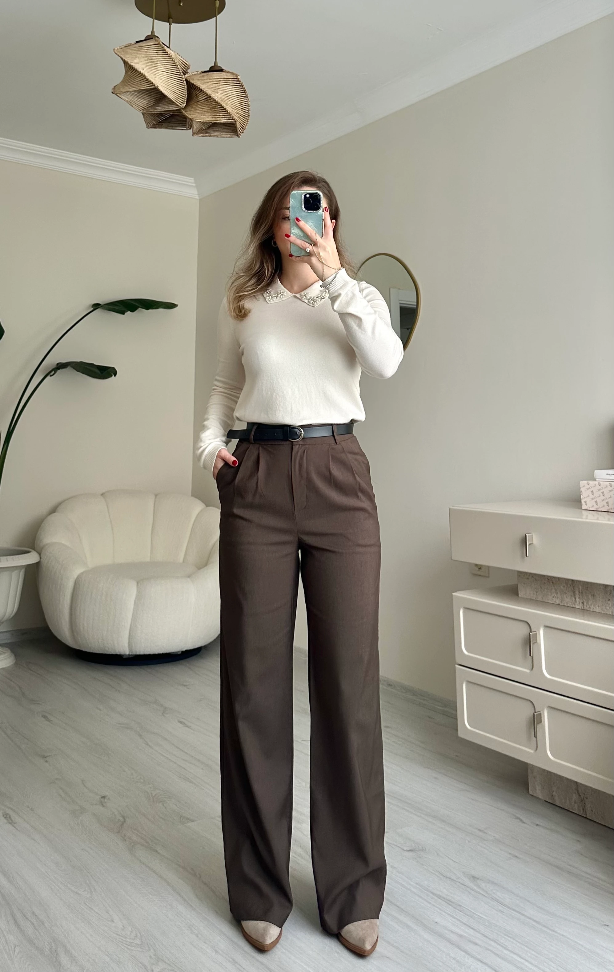 Kemerli Pile Detay Palazzo Pantolon - Koyu Kahve