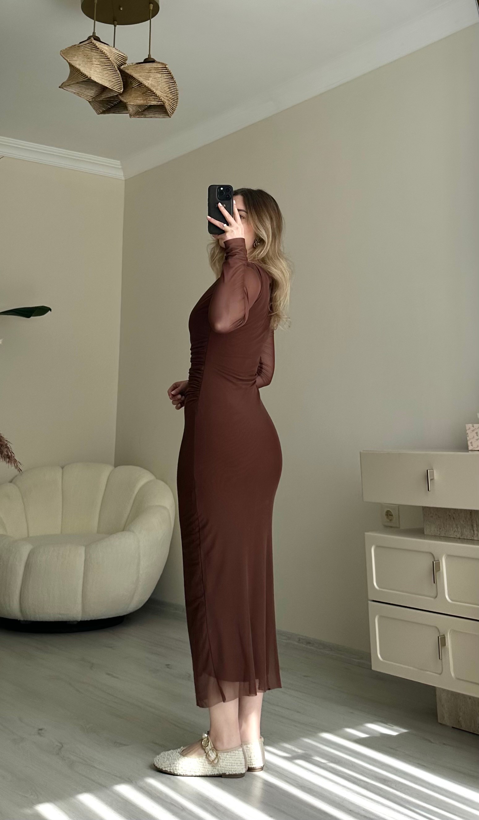 Tüllü Likralı Kare Yaka Midi Boy Elbise