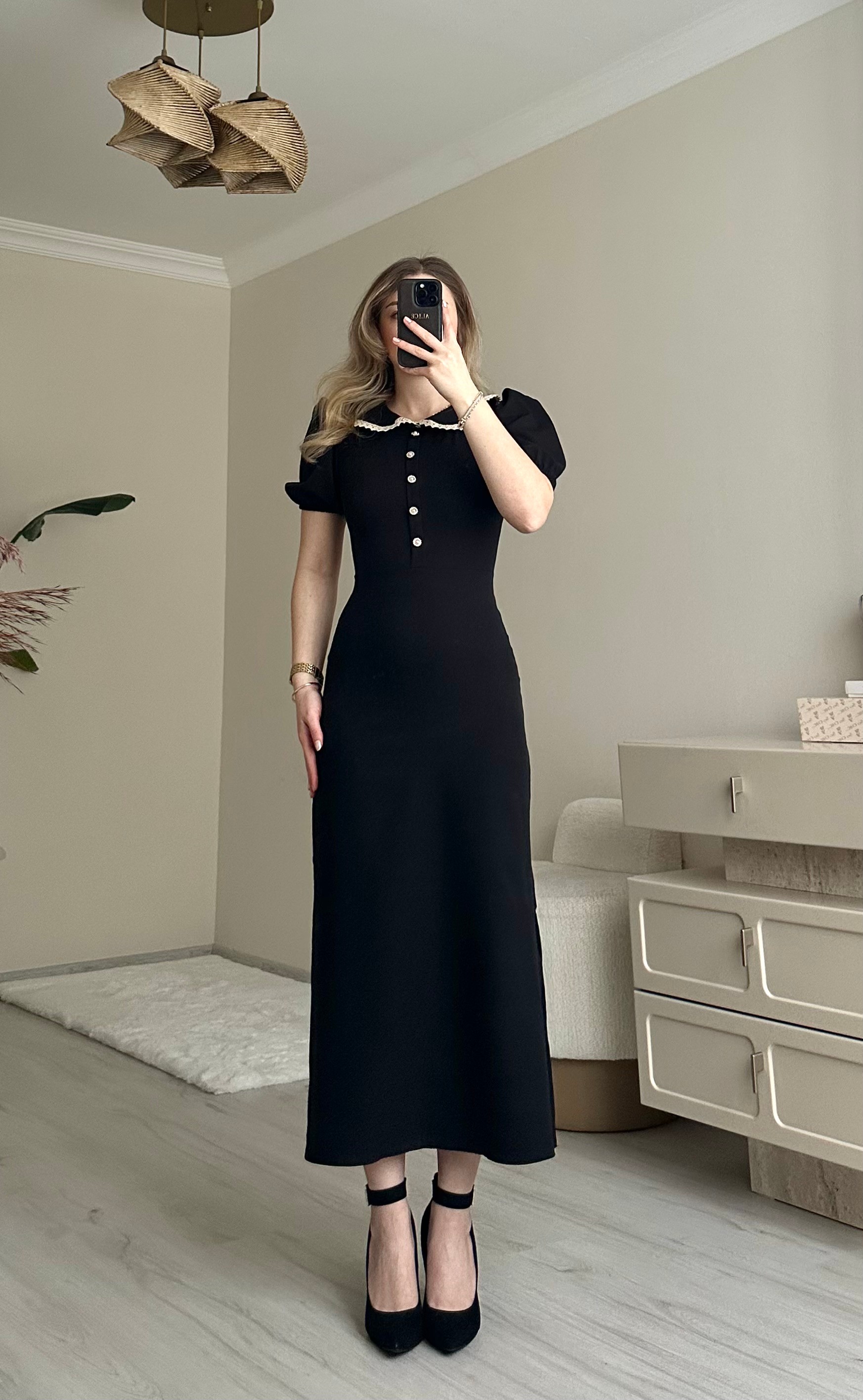 Bebe Yaka İnci Detay Midi Elbise