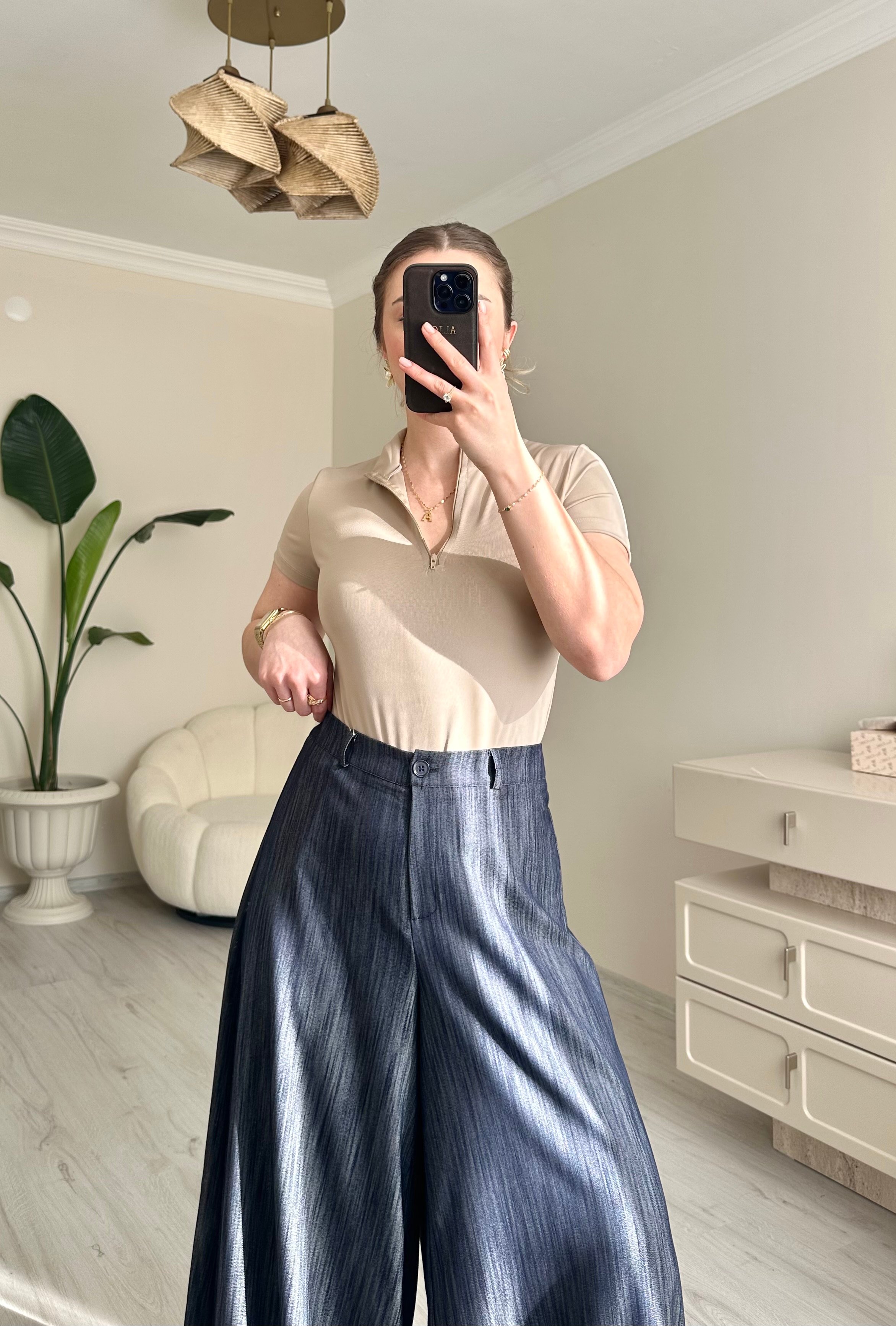 Tensel Lacivert Desenli Maxi Bol Paça Pantolon