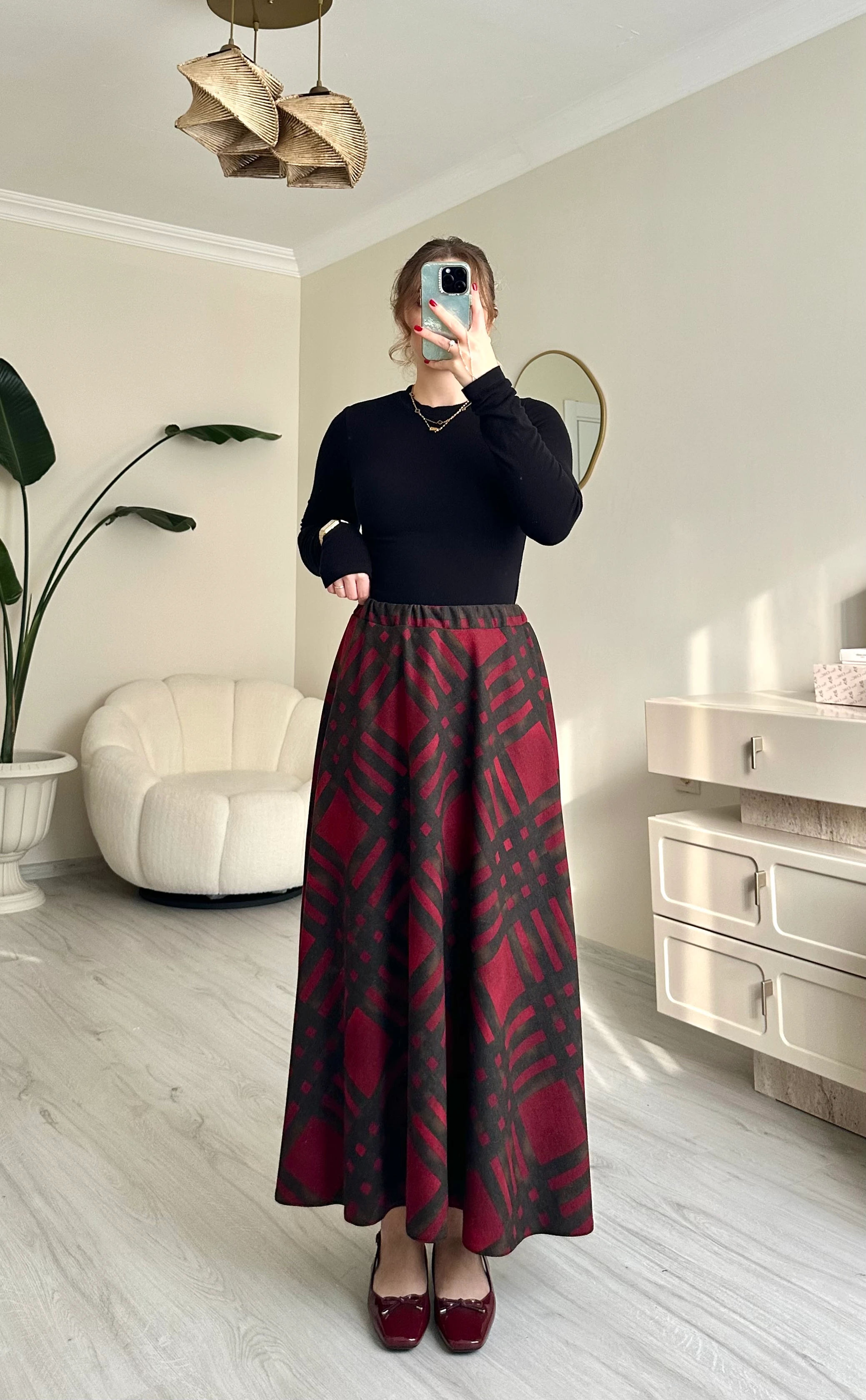 Ekoseli Maxi Boy Beli Lastikli Etek