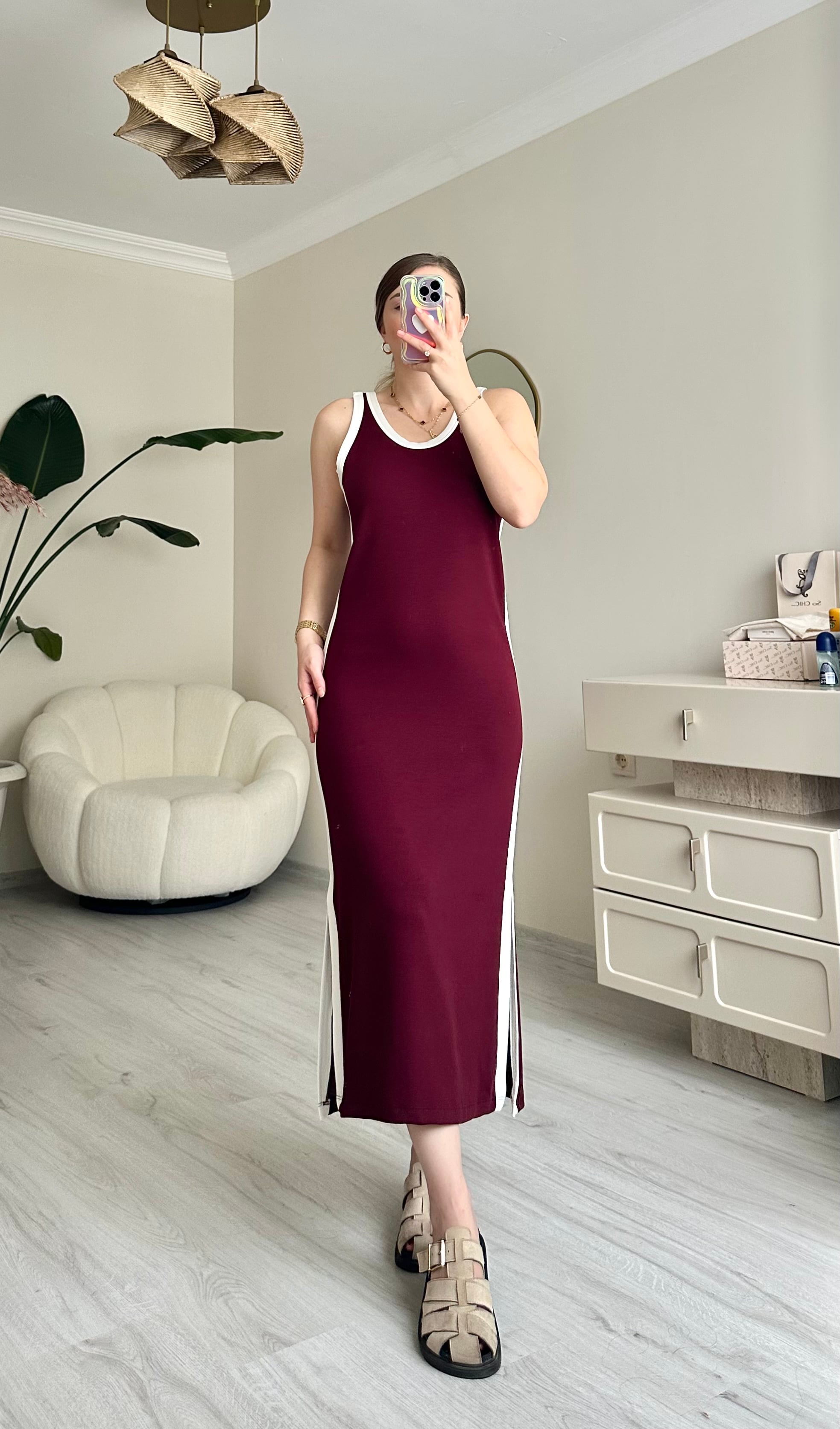 Çizgi Detay Modal Likralı Midi Boy Elbise - Bordo