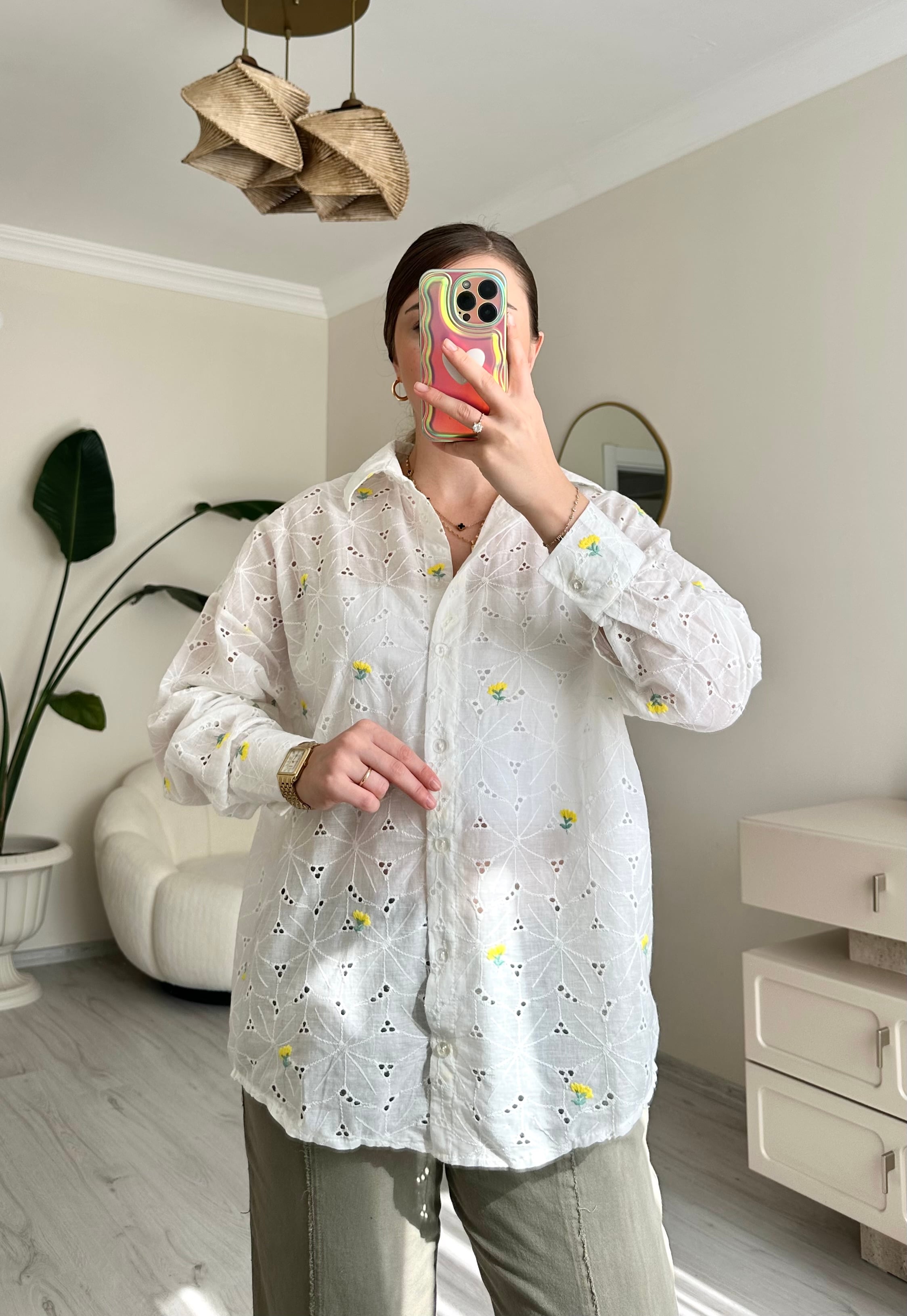 Çiçek Nakış Detay Oversize Fisto Gömlek