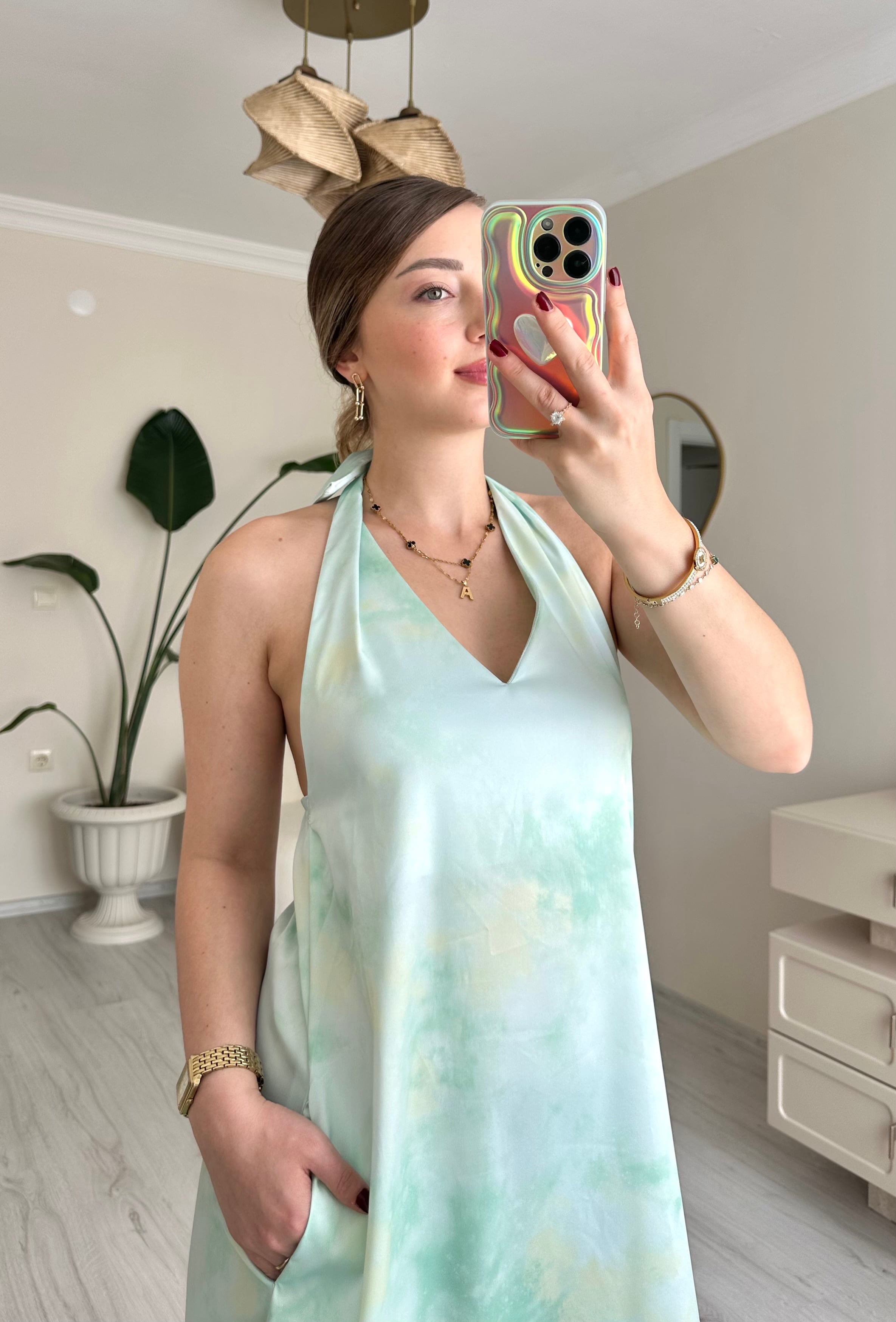Sırt Detay Maxi Boy Saten Elbise