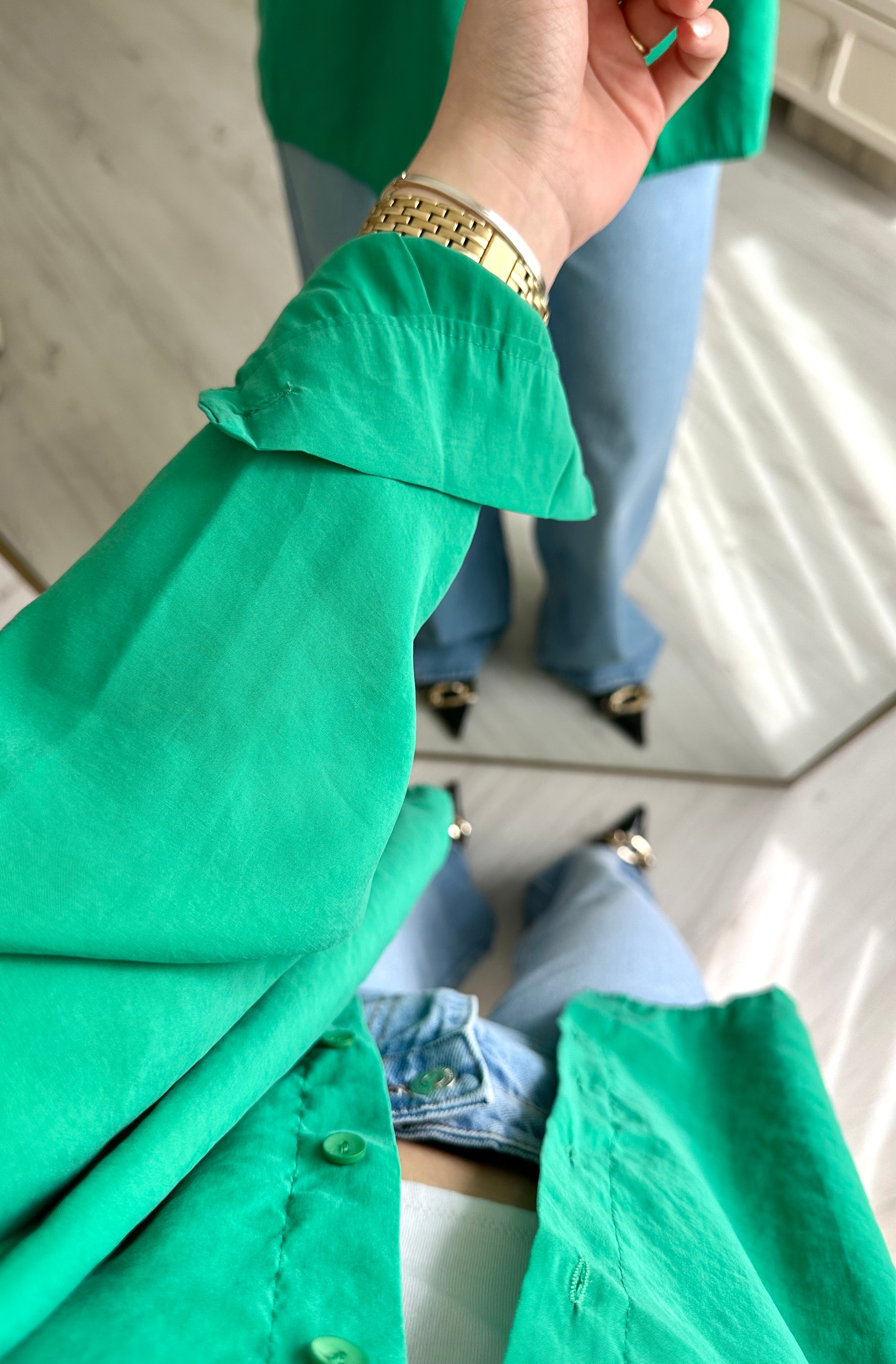 Bennetton Yeşili Tensel Oversize Tiril Gömlek