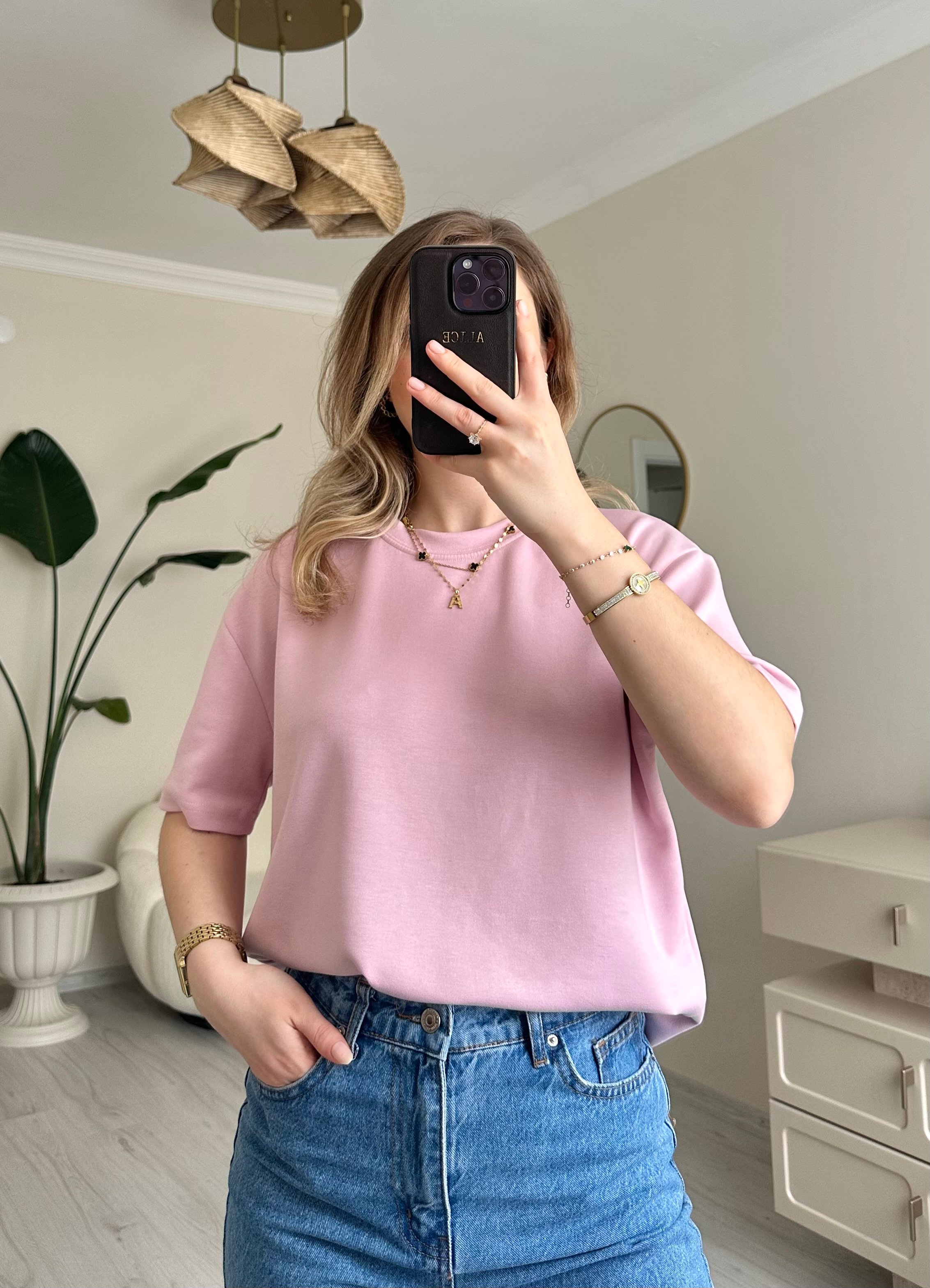 Modal Kumaş Soft Oversize Tişört - Toz Pembe