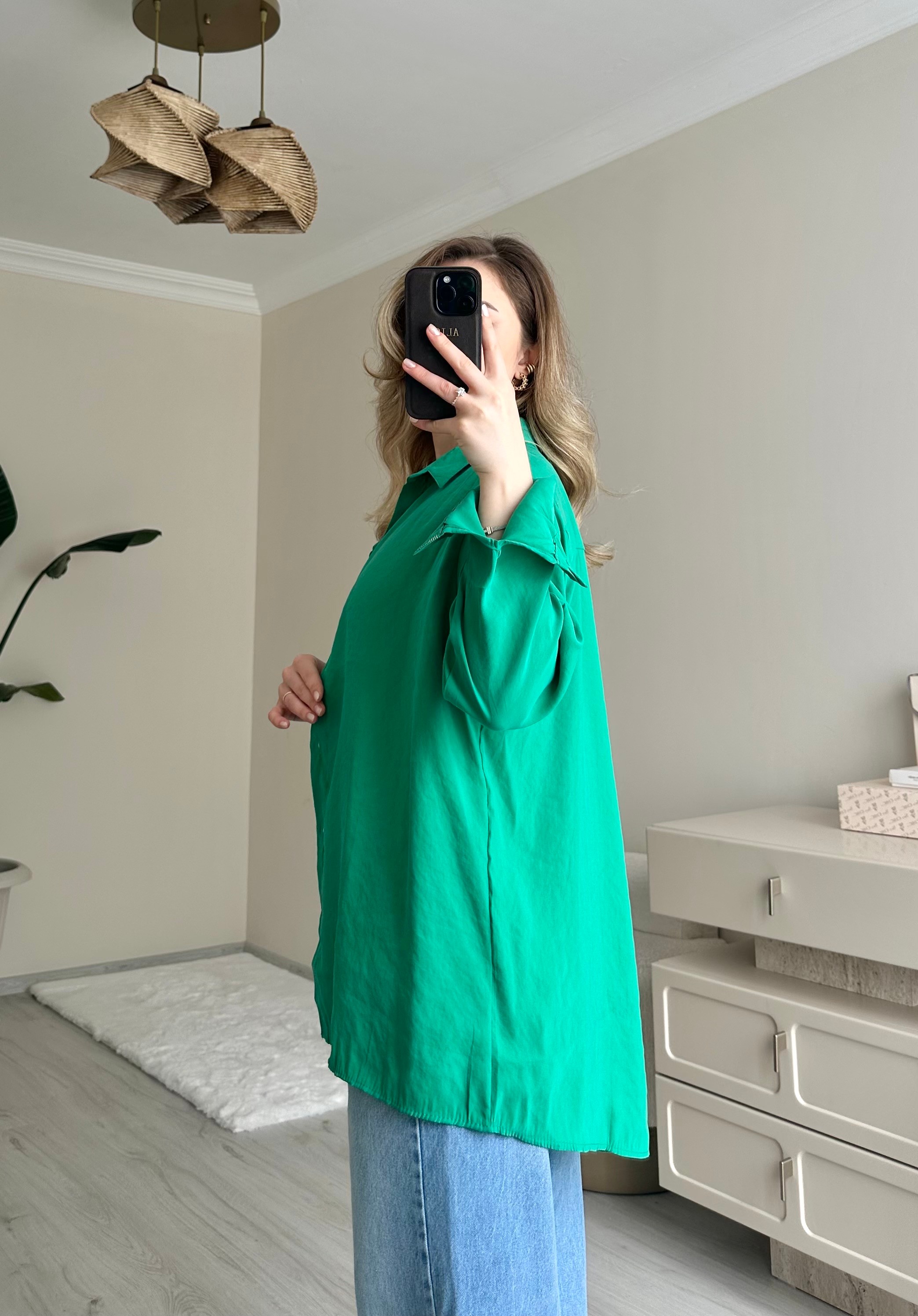 Bennetton Yeşili Tensel Oversize Tiril Gömlek