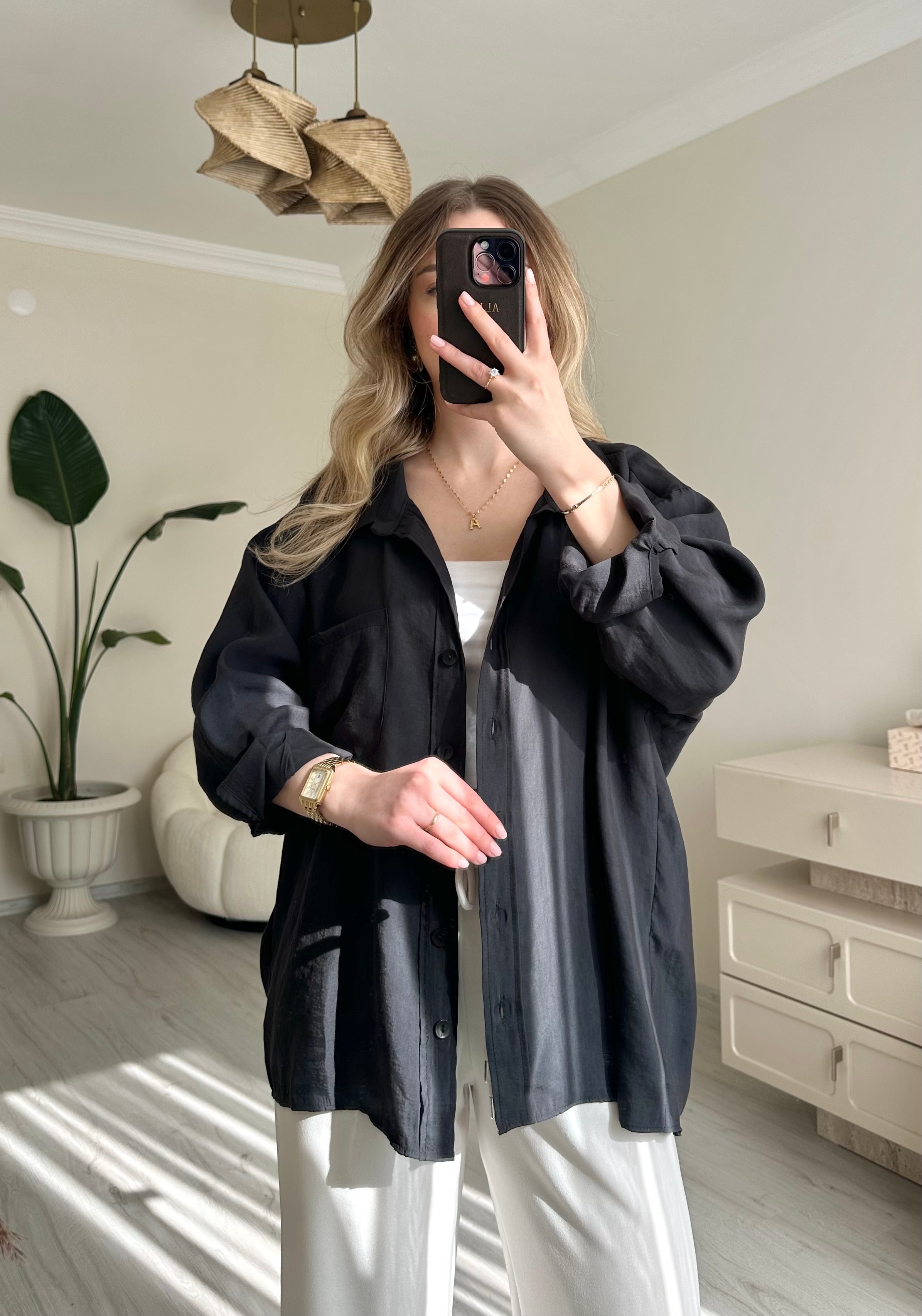Tensel Oversize Tiril Gömlek - Siyah