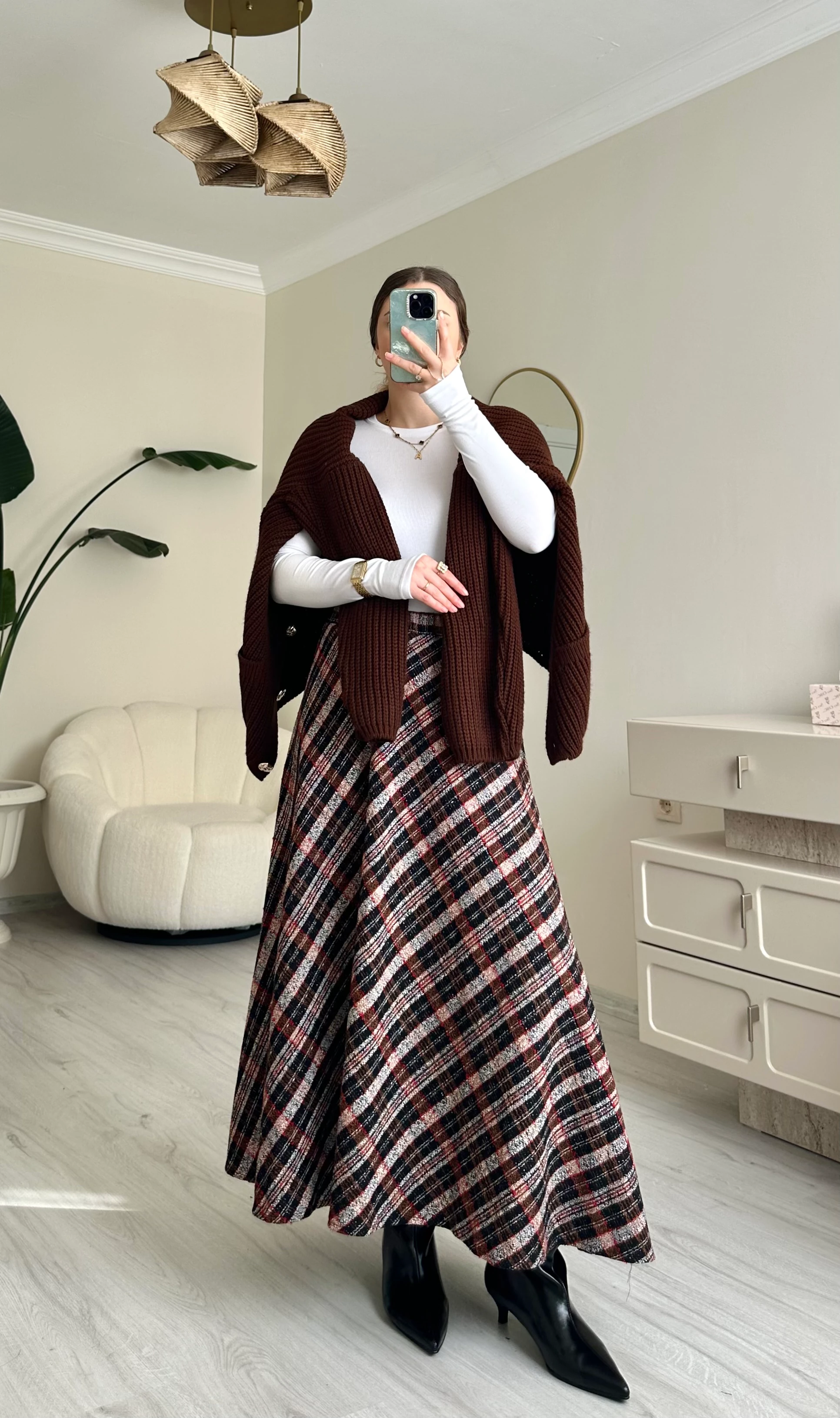 Şanel Kumaş Ekoseli Kloş Etek