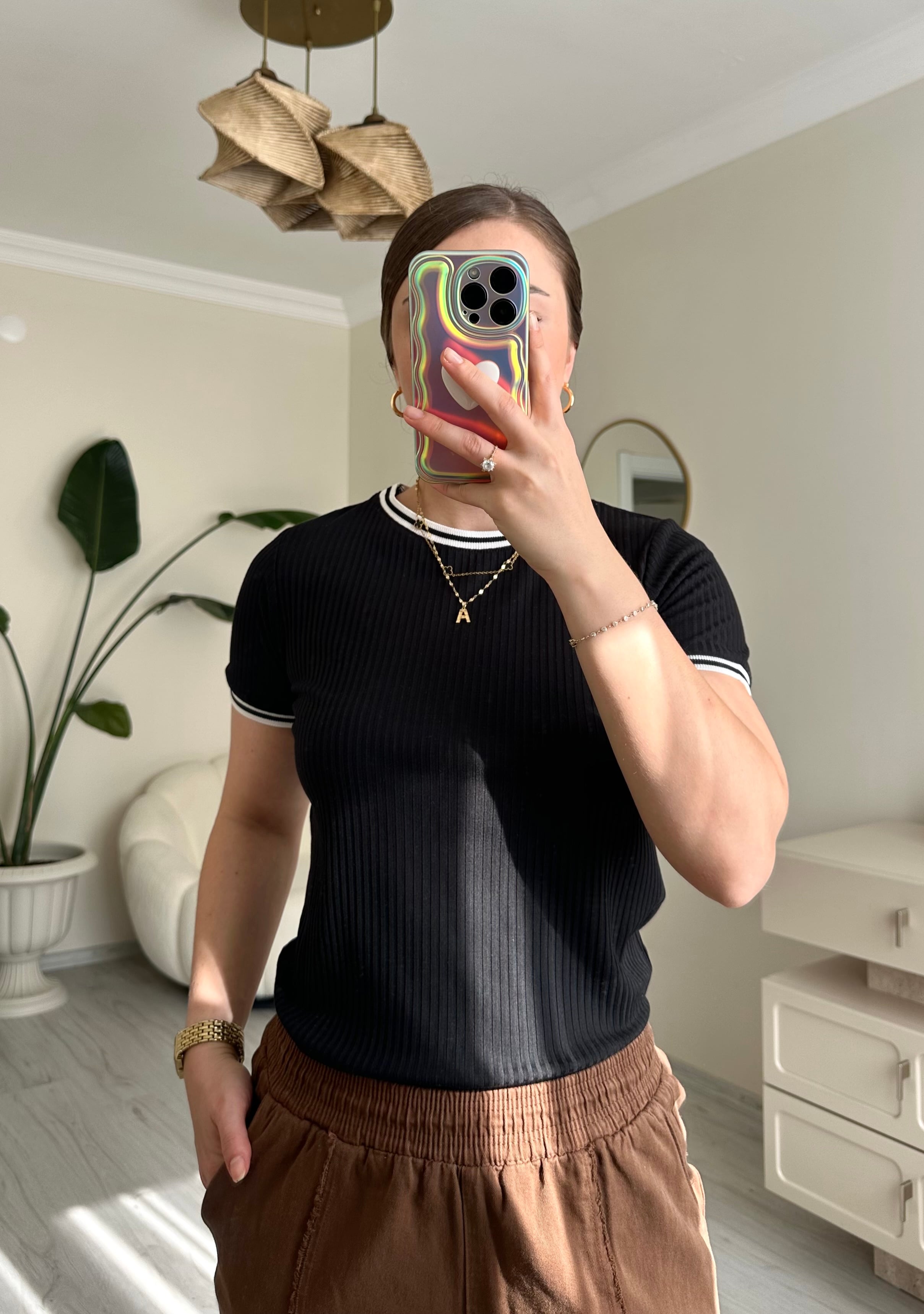 Casual Fitilli Bisiklet Yaka Tişört - Siyah