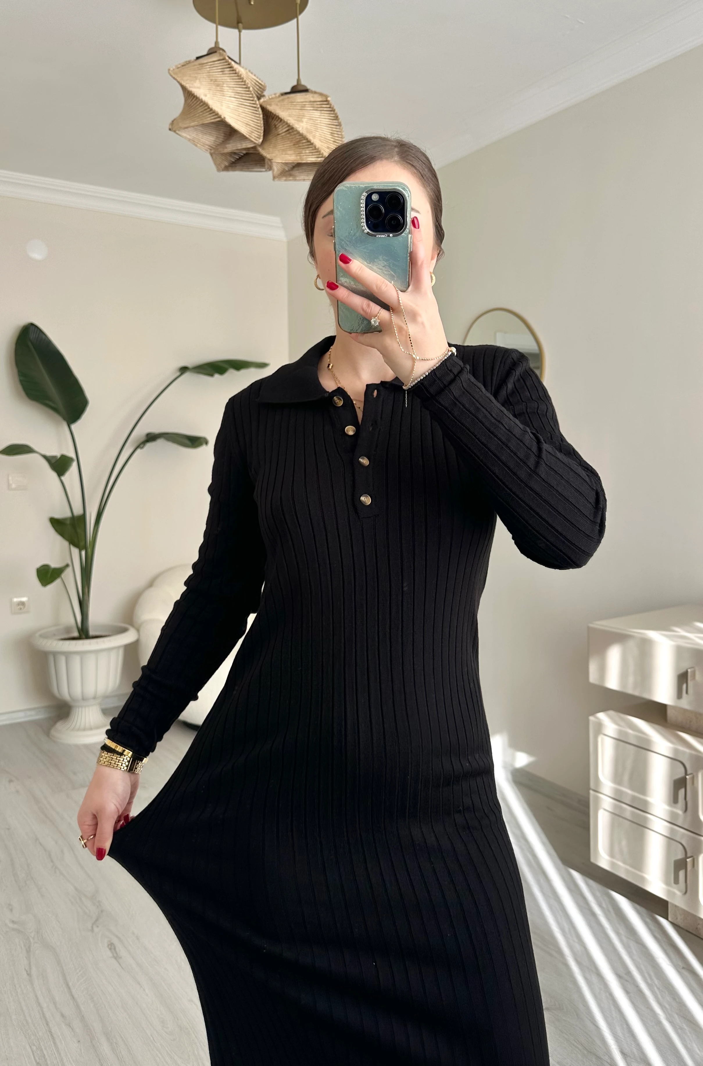 Polo Yaka Düğmeli Likralı Triko Elbise