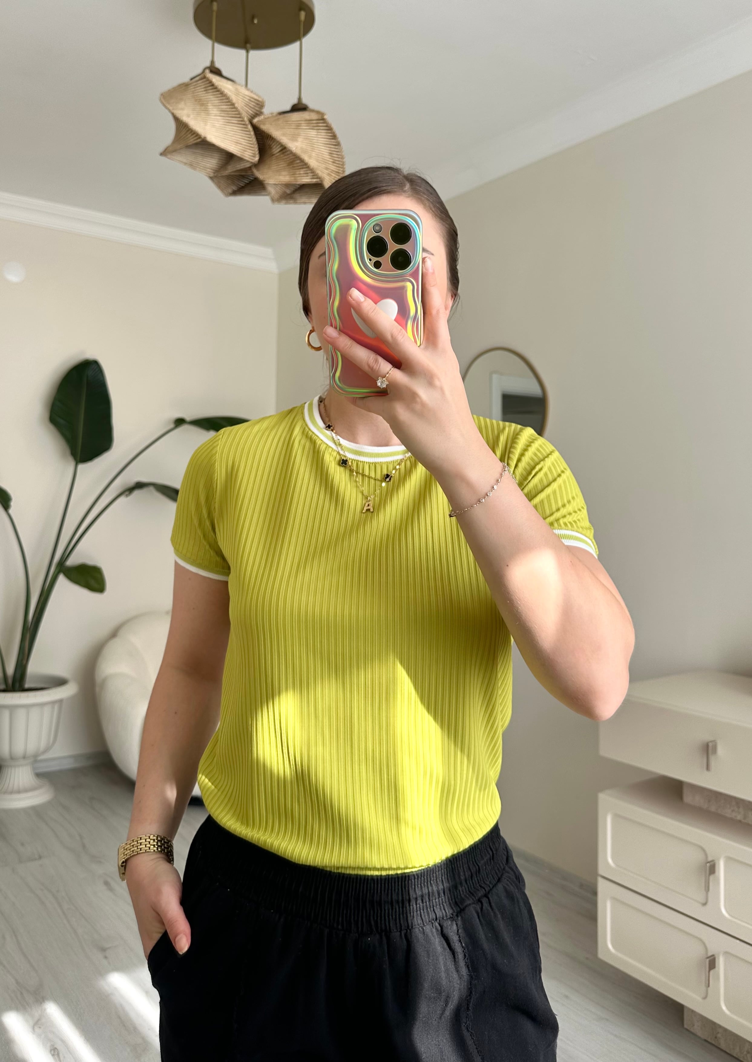 Casual Fitilli Bisiklet Yaka Tişört - Yağ Yeşili