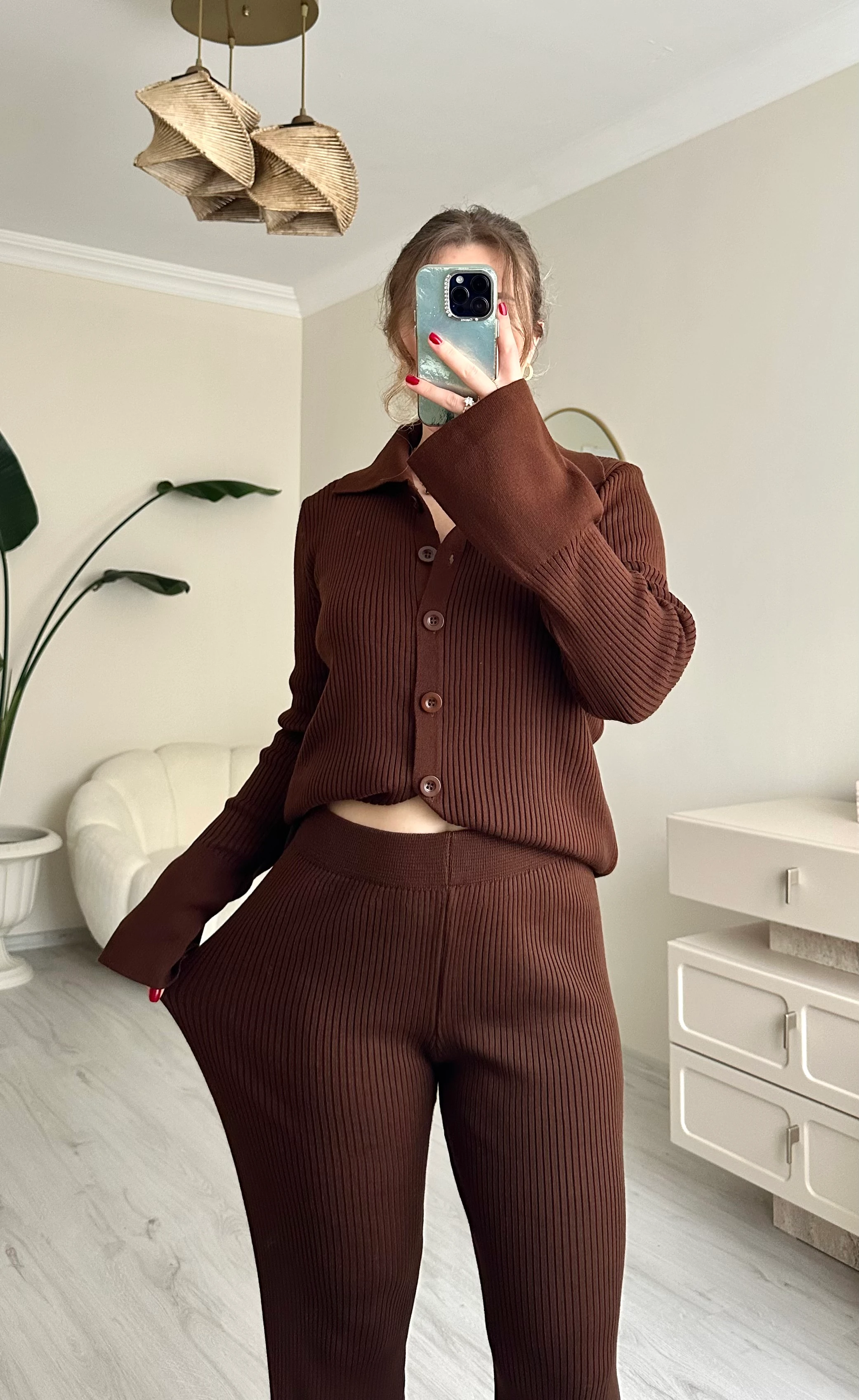 Düğmeli Triko Acı Kahve Takım