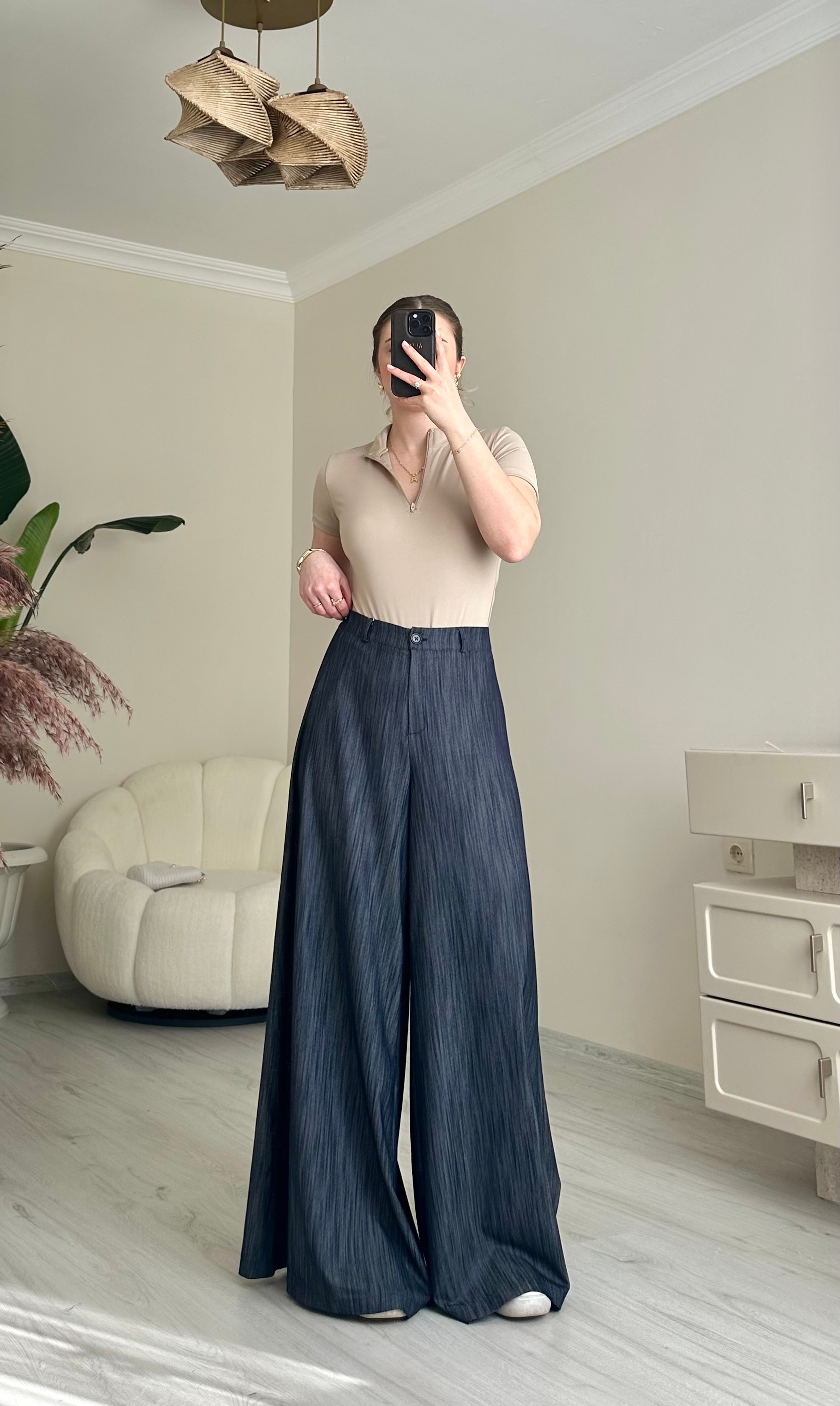 Tensel Lacivert Desenli Maxi Bol Paça Pantolon