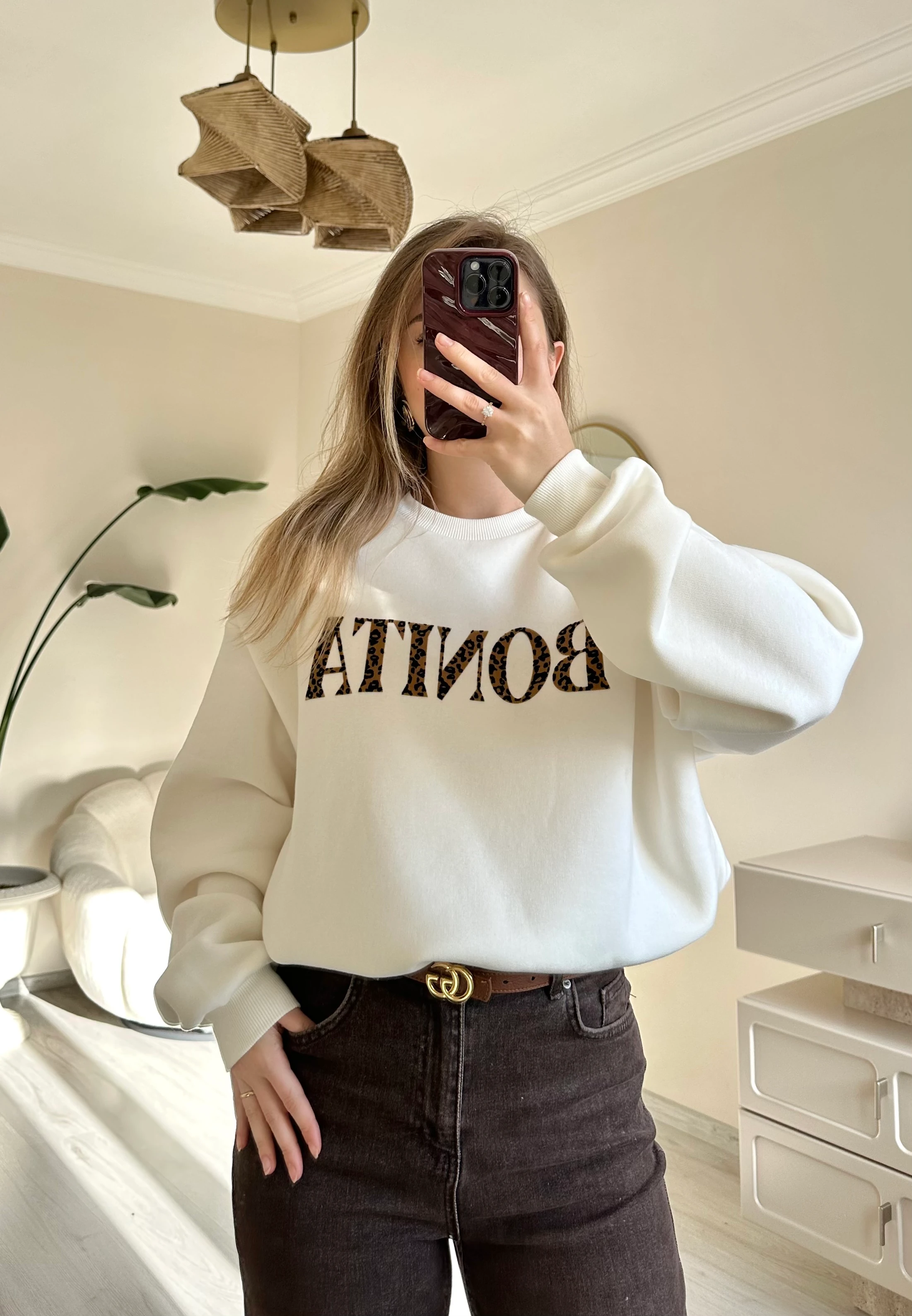 Süet Leopar Yazılı Oversize Sweat