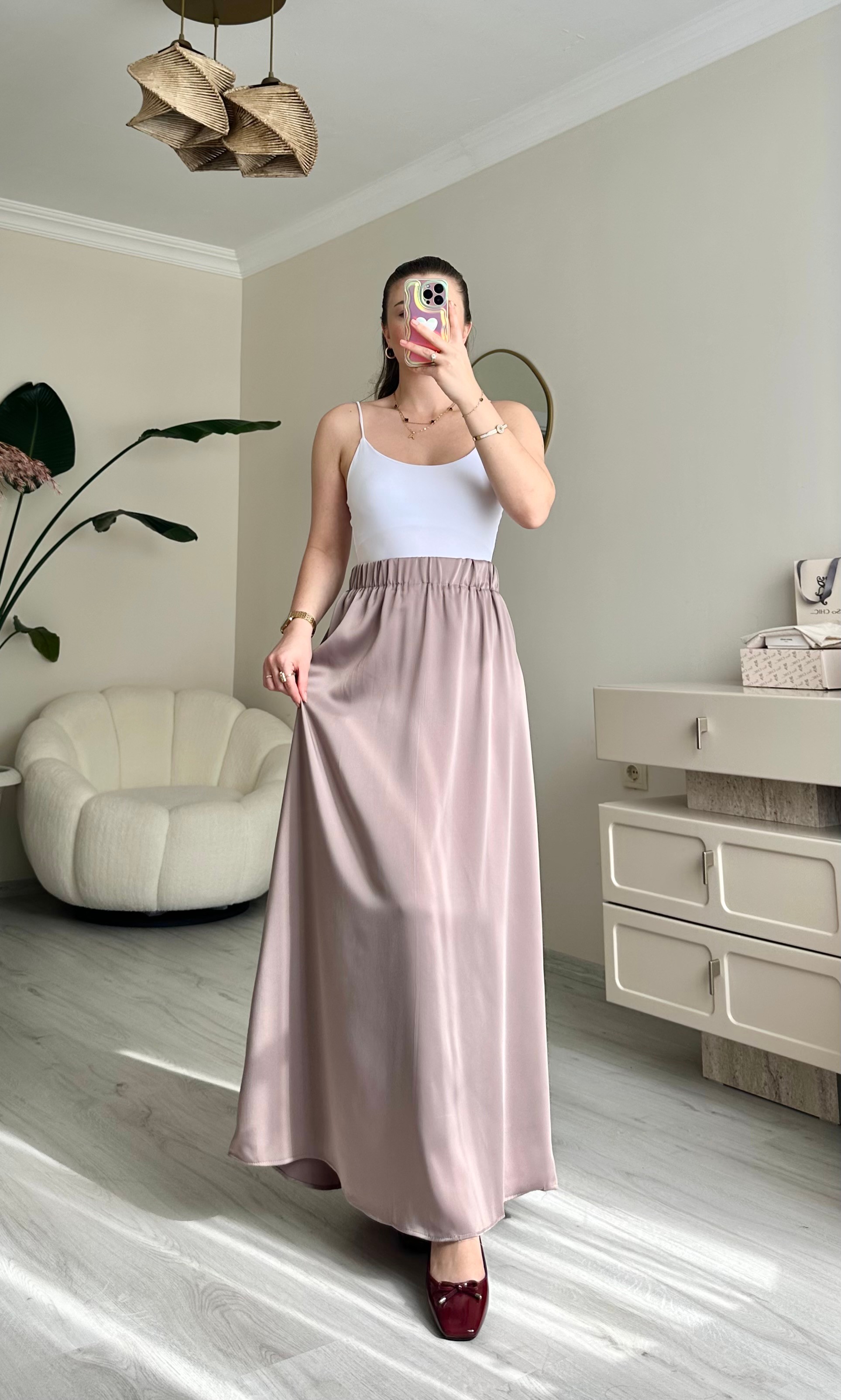 Saten Maxi Boy Beli Lastikli Etek - Gül Kurusu