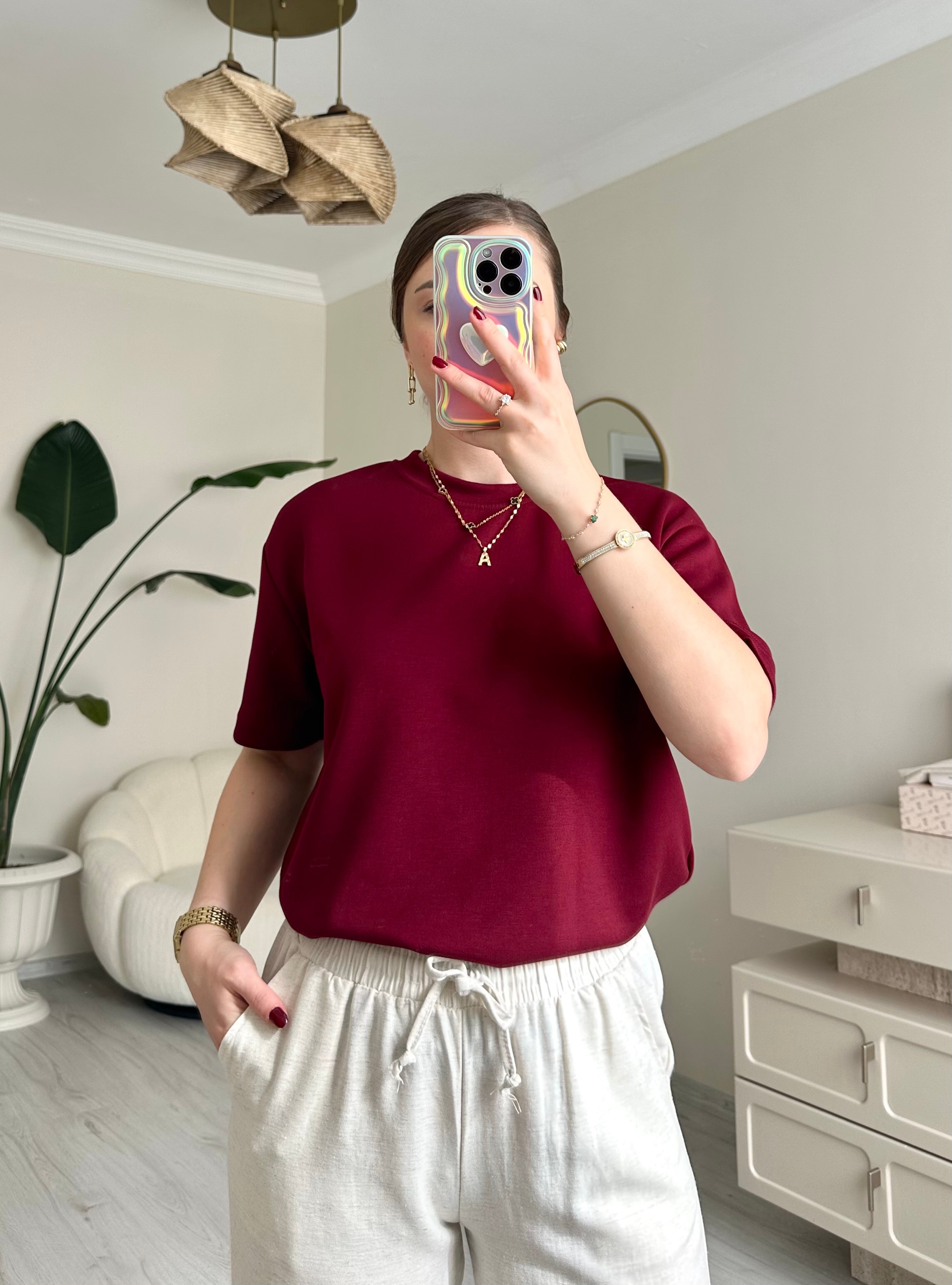 Modal Kumaş Soft Oversize Tişört - Bordo