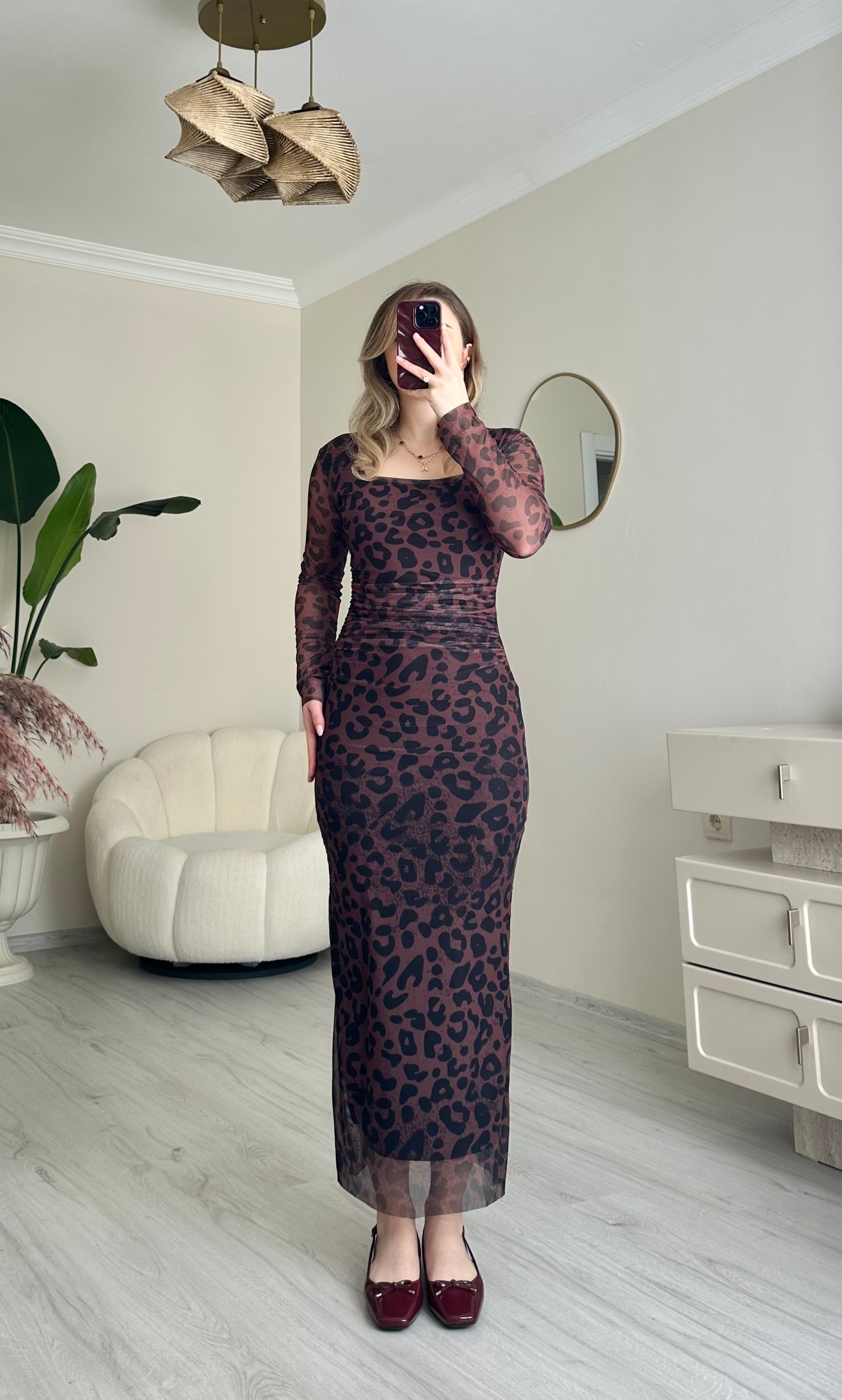 Tüllü Likralı Kare Yaka Midi Boy Elbise - Leopar