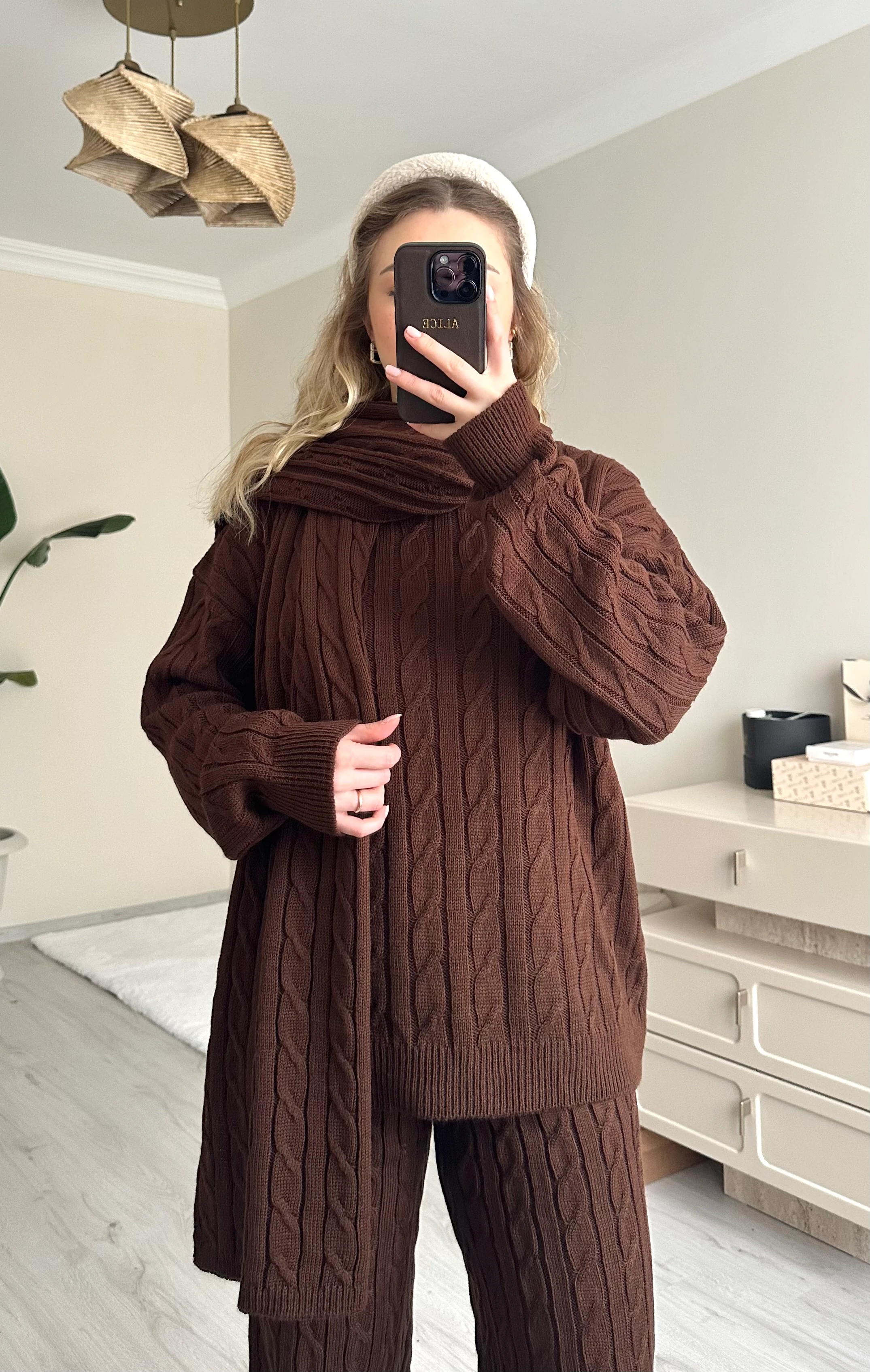 Şallı Saç Örgülü Pantolon Takım